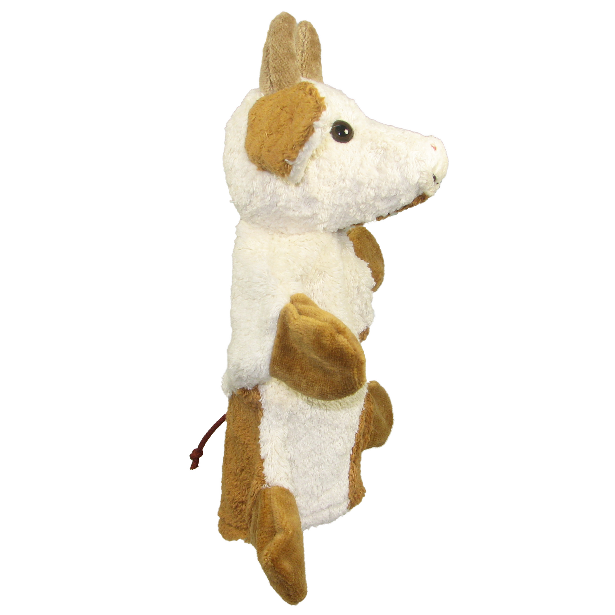 Kallisto Handpuppe Kuh Seitenansicht, braun-weiß gefleckte Handpuppe aus Naturmaterial mit Hörnern und braunem Schwanzquast