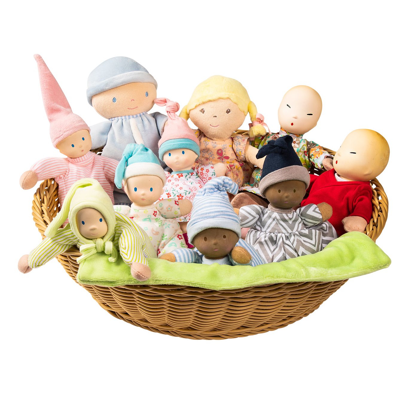 Joyk Puppen-Set Schatzkorb: Weidenkorb mit zehn kleinen Stoffpuppen in bunter Kleidung