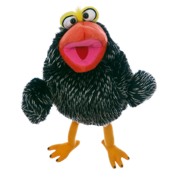 Living Puppets Handpuppe Patriezius Piepspatz, schwarzer Vogel mit meliertem Federkleid, orangerotem Schnabel und gelben Beinen