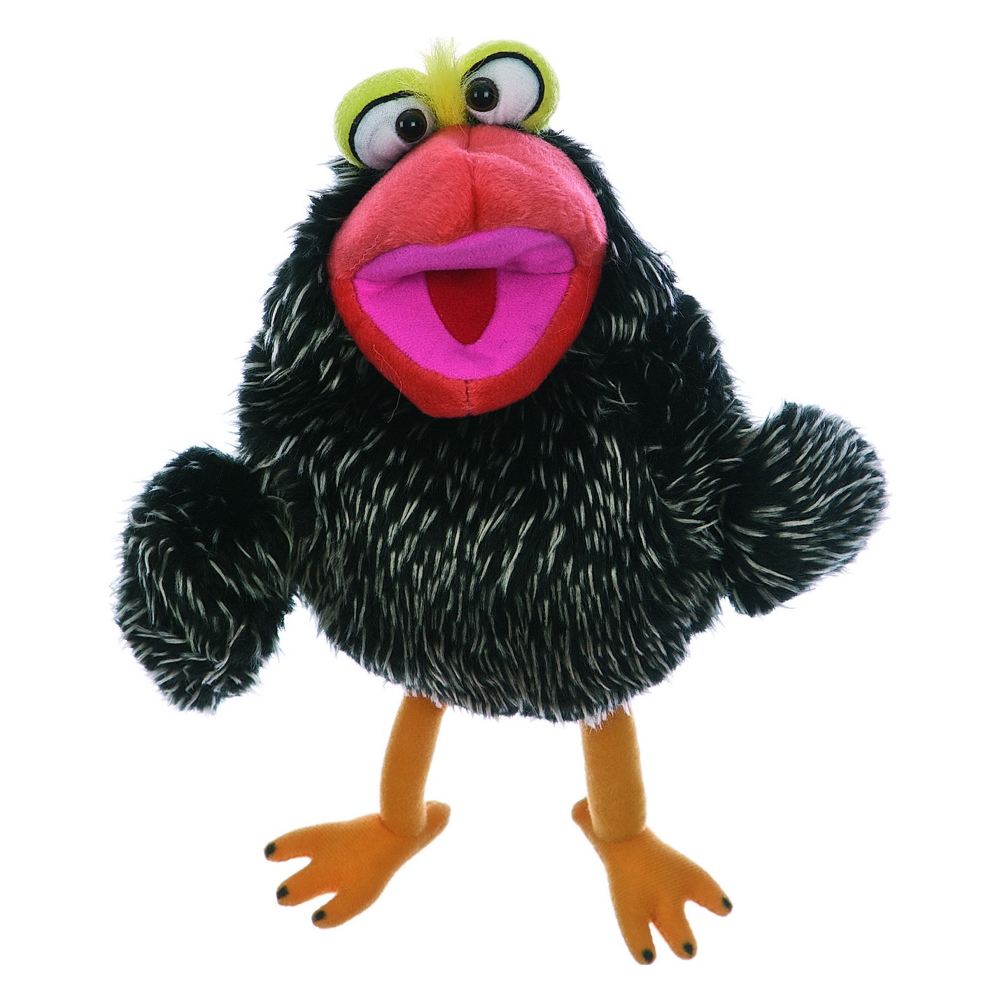 Living Puppets Handpuppe Patriezius Piepspatz, schwarzer Vogel mit meliertem Federkleid, orangerotem Schnabel und gelben Beinen