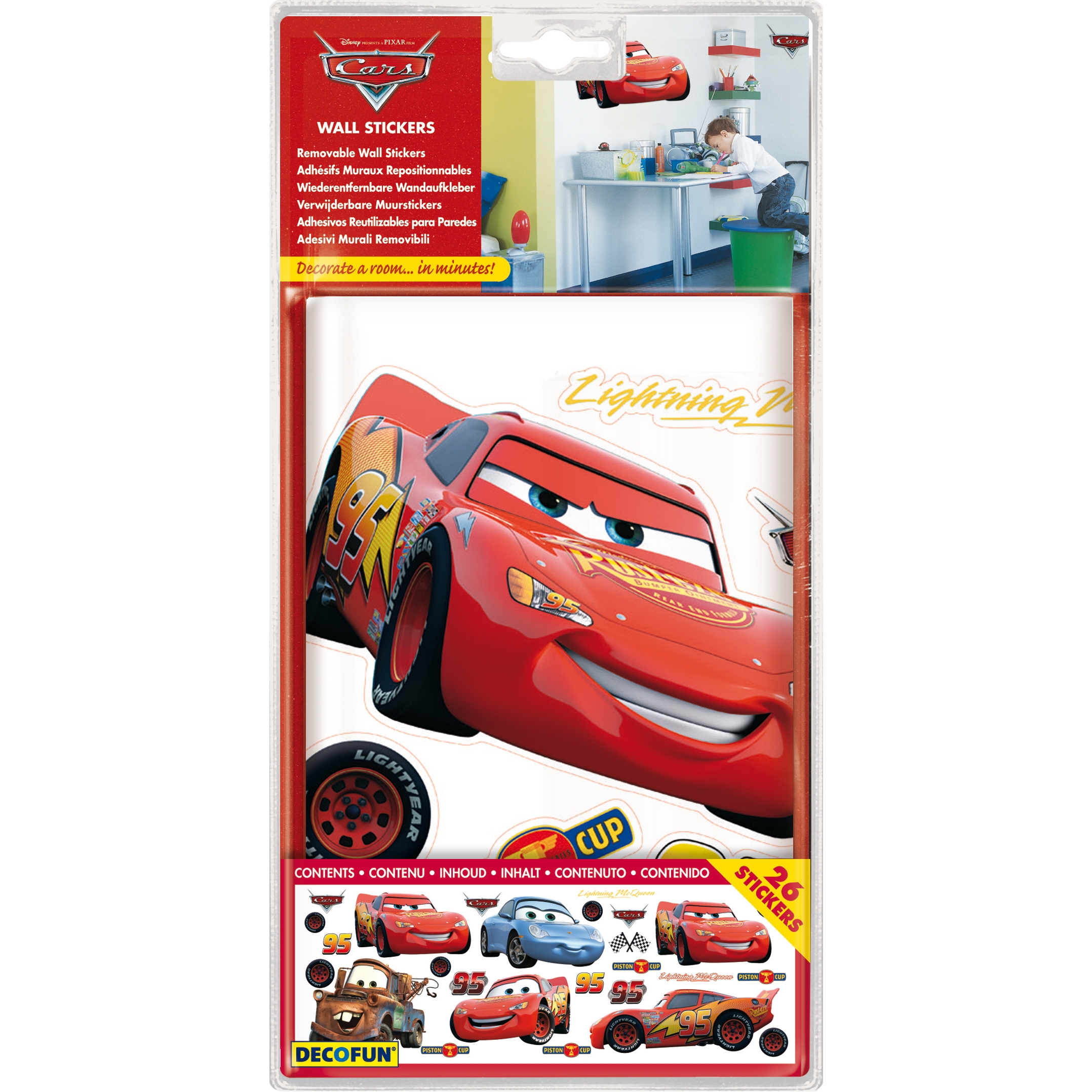 decofun Wandsticker Pixar Cars in Verpackung, großer Lightning McQueen mit Schriftzug, 26 Sticker