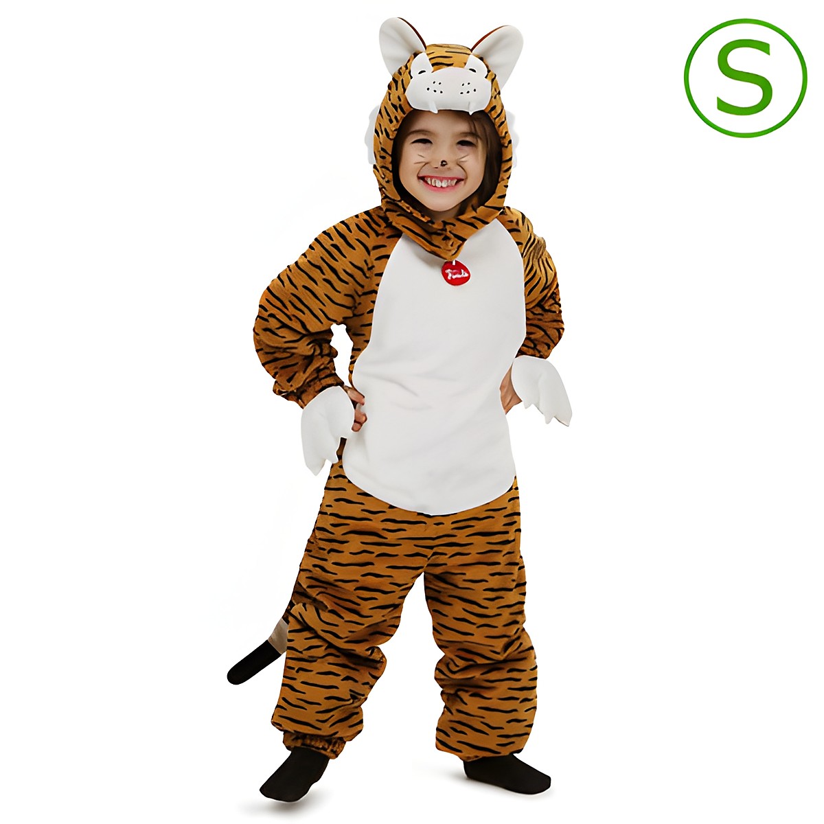 Trudi Kinderkostüm Tiger, orange-schwarz gestreifter Ganzkörperanzug mit Kapuze und weißem Bauch, Größe S