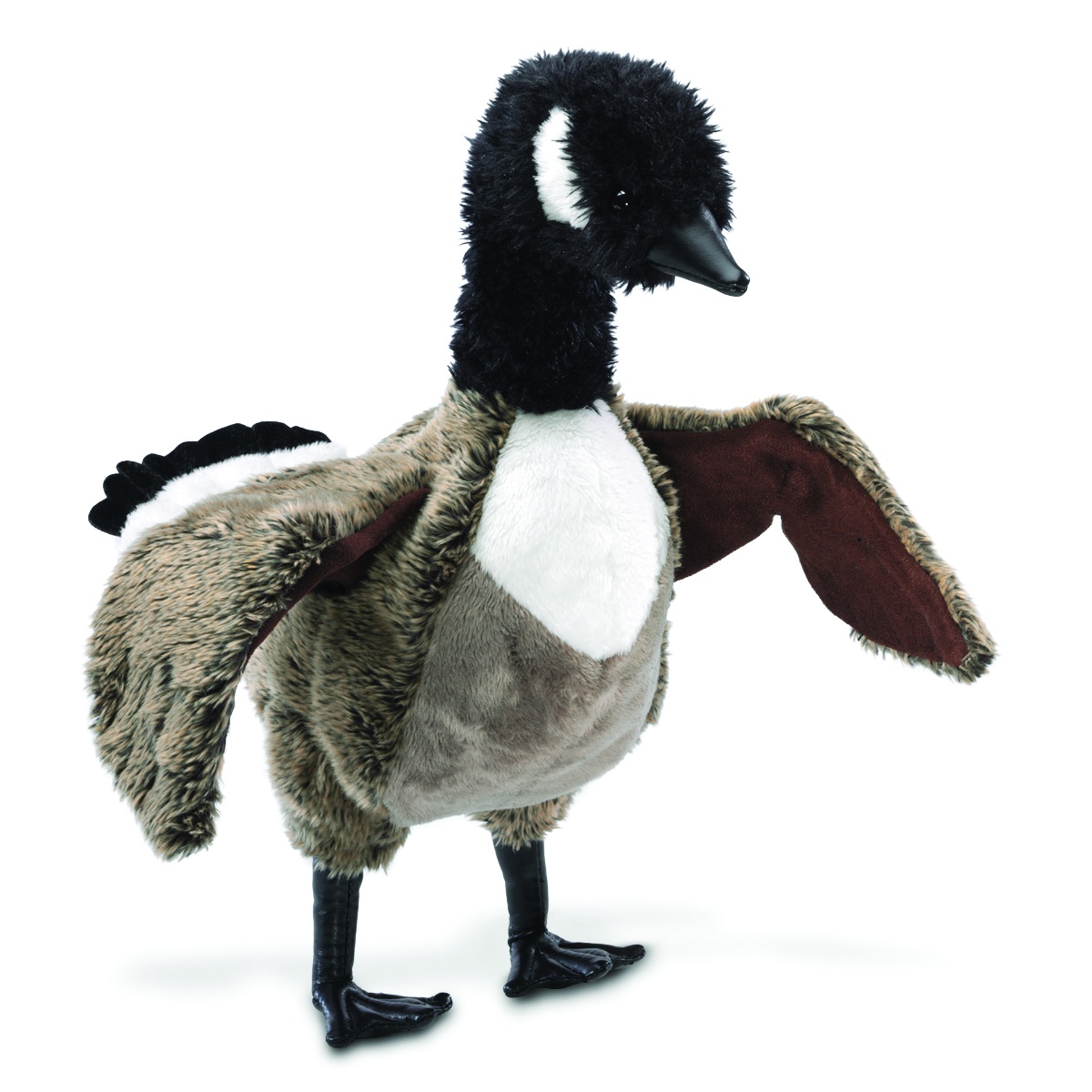 Folkmanis Handpuppe Kanada-Gans mit ausgebreiteten Flügeln, schwarzem Hals, weißem Wangenfleck und schwarzem Schnabel, Seitenansicht