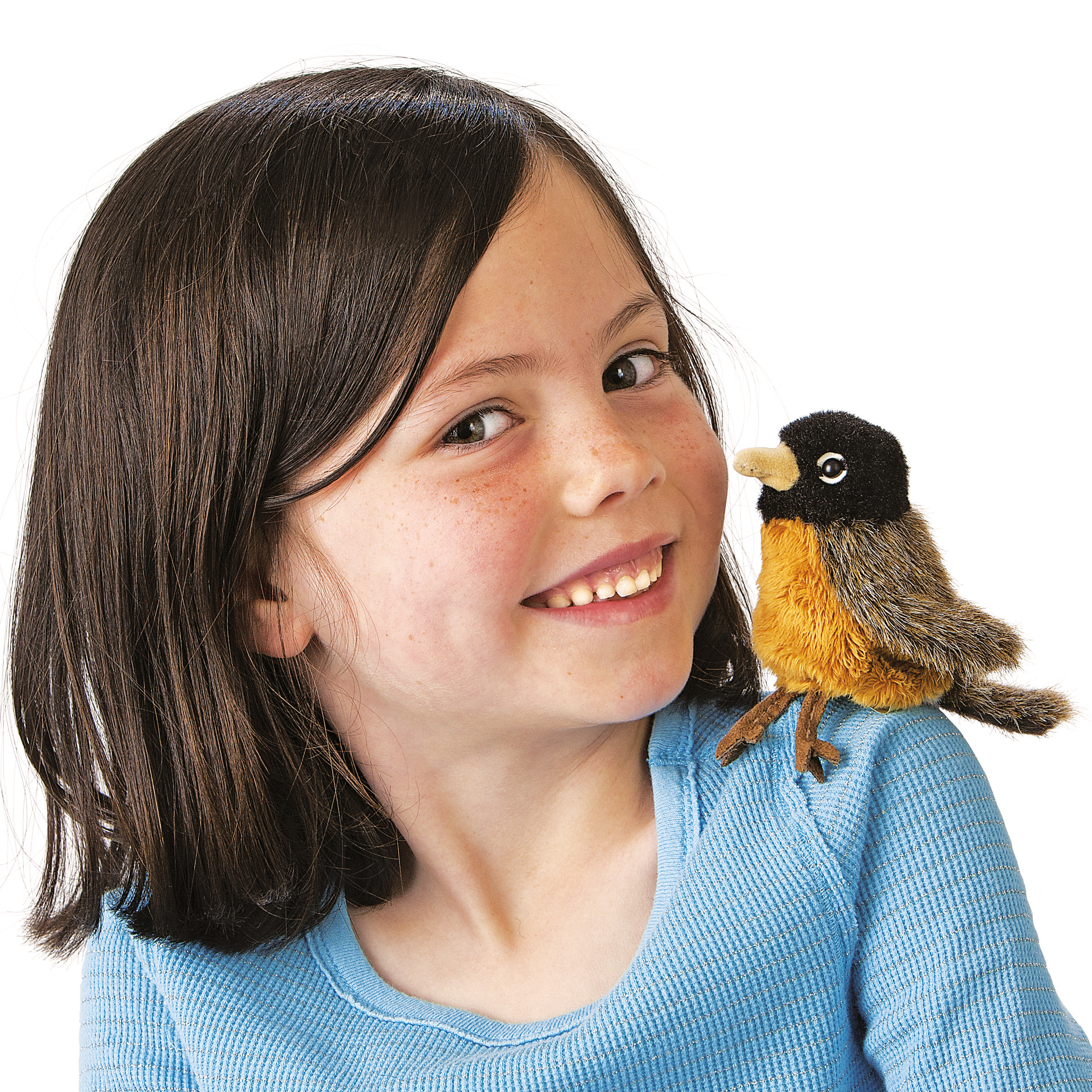Folkmanis mini robin finger puppet with black head and orange breast sitting on the shoulder of a smiling girl