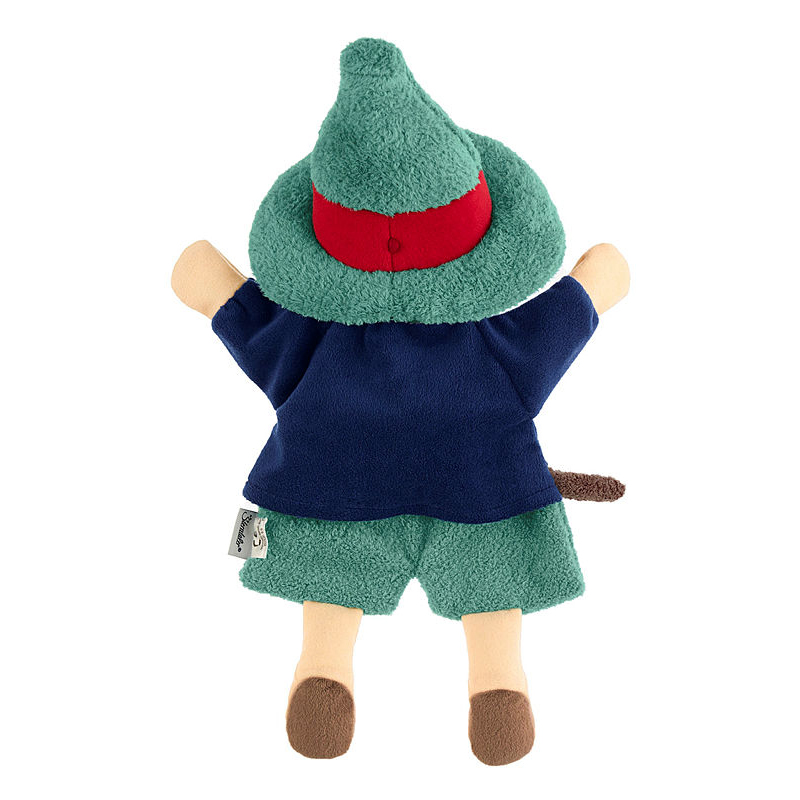 Sterntaler baby hand puppet robber, back view with a green pointed hat and a wooden dagger at the belt