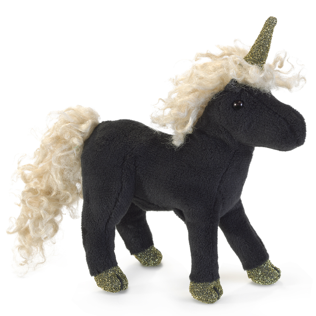 Folkmanis Fingerpuppe mini schwarzes Einhorn in Seitenansicht, schwarzes Plüschfell, cremefarbene Lockmähne, goldener Glitzerhorn und -hufe