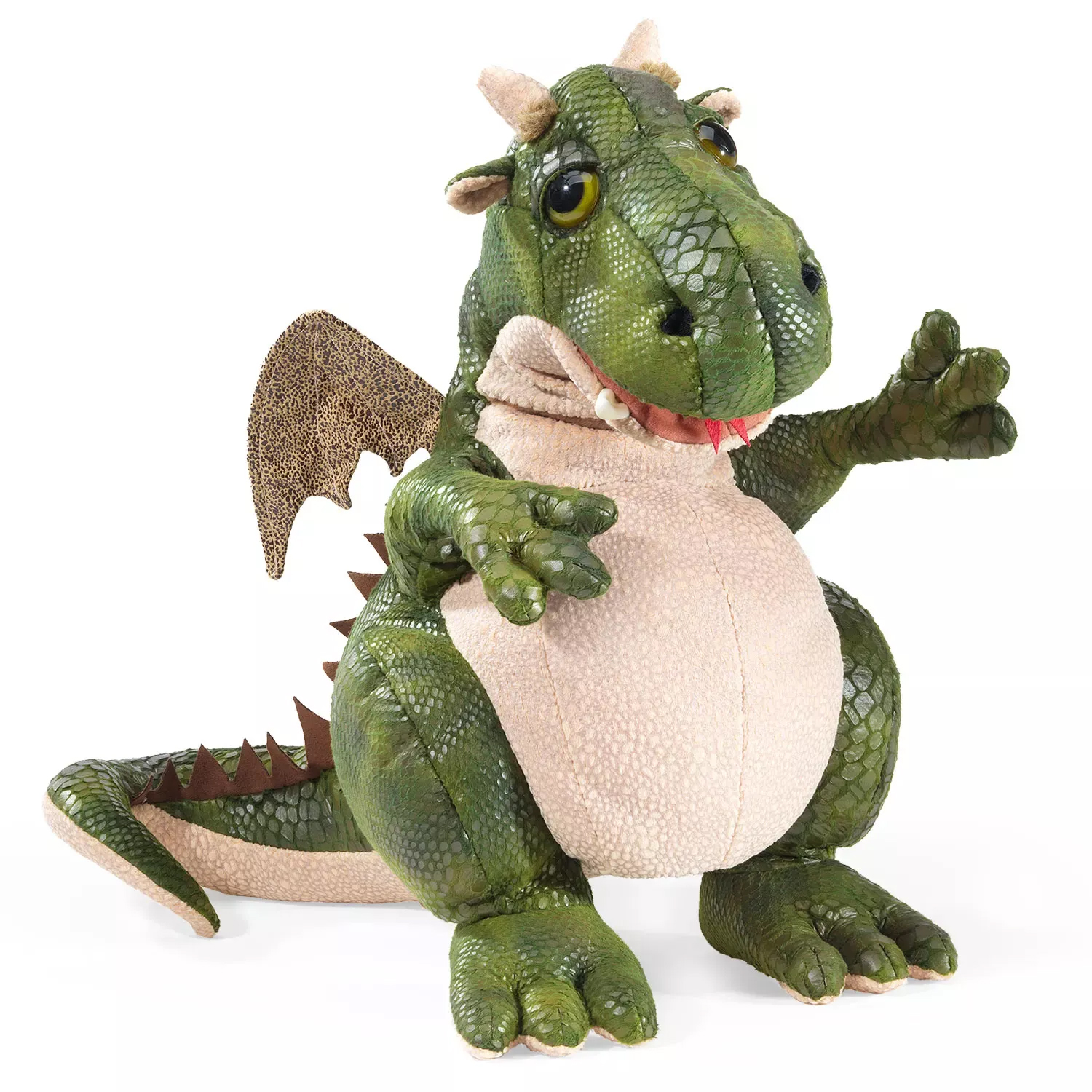 Folkmanis Handpuppe freundlicher Drache in Grün mit beigem Bauch, geöffnetem Maul und ausgestrecktem Arm, Seitenansicht