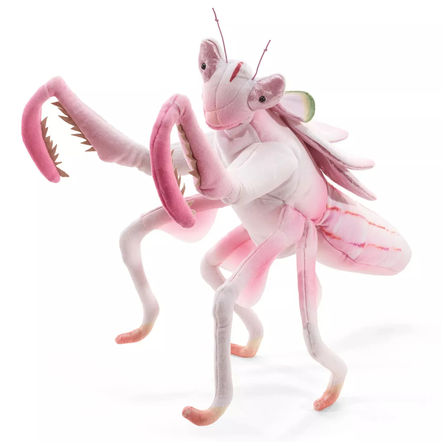 Folkmanis Handpuppe Kronenfangschrecke in Rosa-Weiß mit gezackten Fangarmen, transparenten Flügeln und pinken Antennen