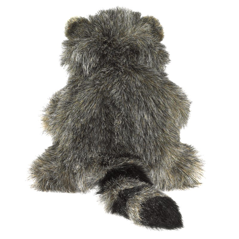 Folkmanis baby raccoon hand puppet seen from behind, with grey-brown shaggy fur and a ringed black-and-grey tail