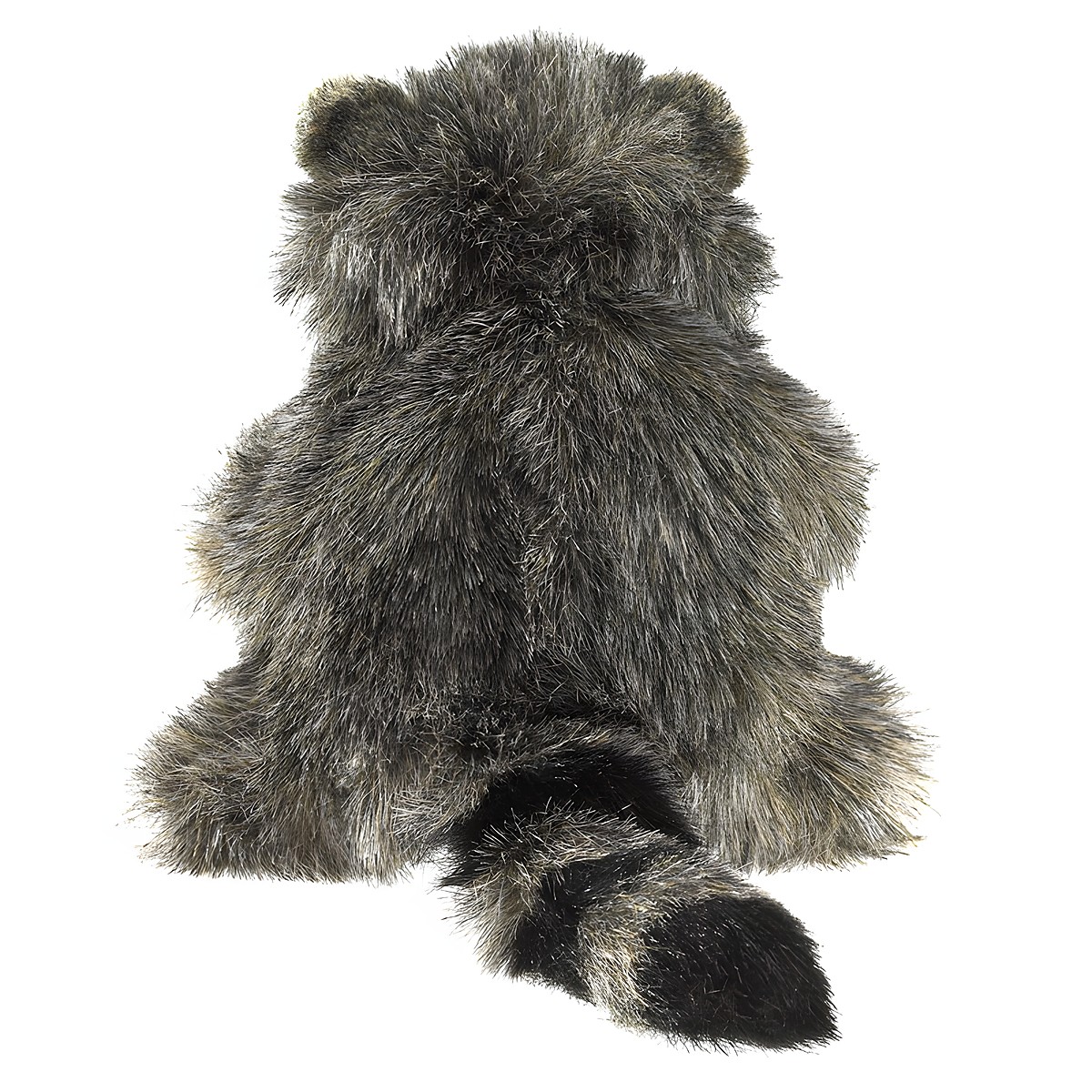 Folkmanis baby raccoon hand puppet seen from behind, with grey-brown shaggy fur and a ringed black-and-grey tail