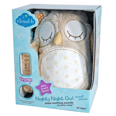 Cloud b Einschlafhilfe Nighty Night Owl Smart Sensor, Verpackung mit Eulen-Kuscheltier und Klangsensor