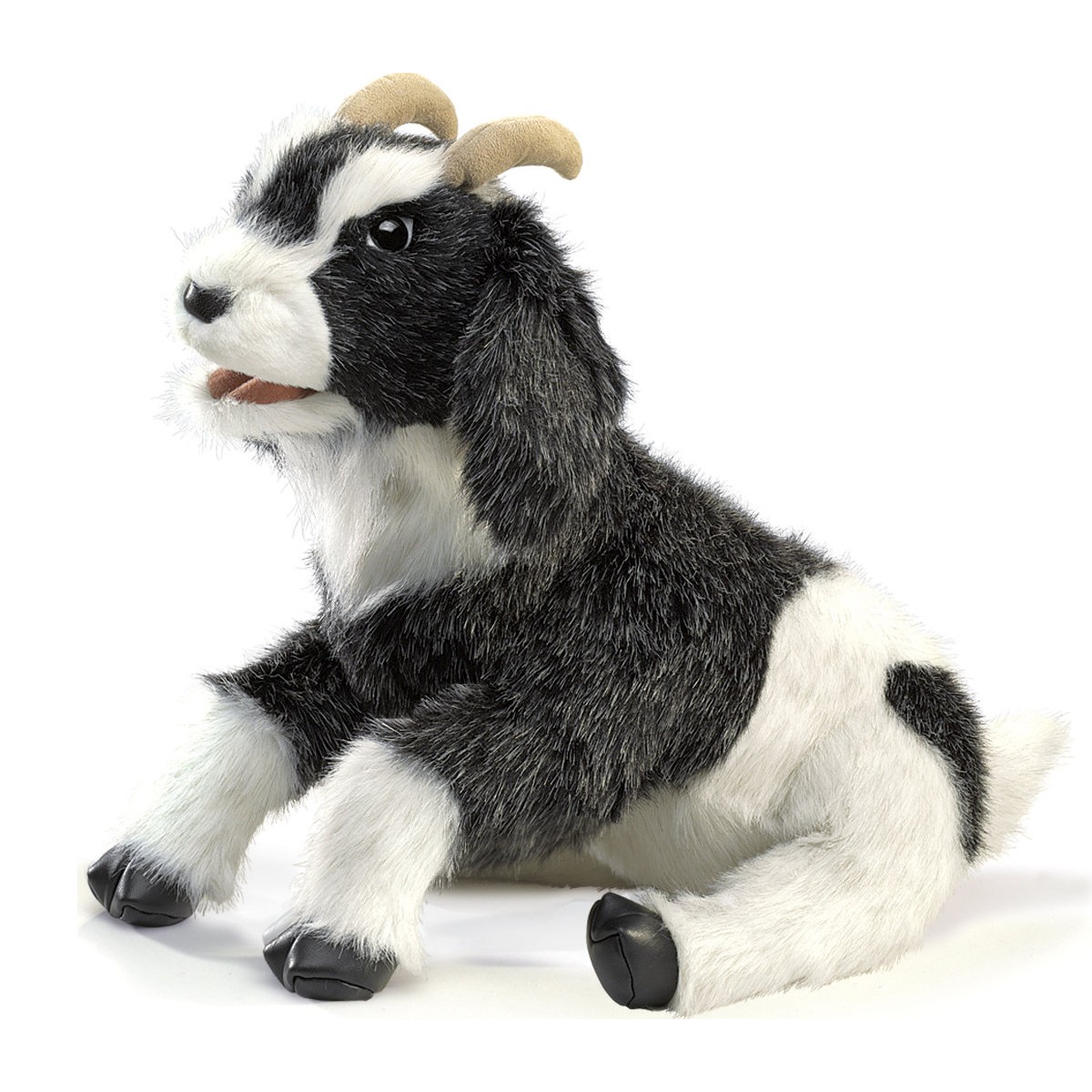 Folkmanis goat hand puppet with black-and-white fur, curved horns and open mouth, shown seated in side view