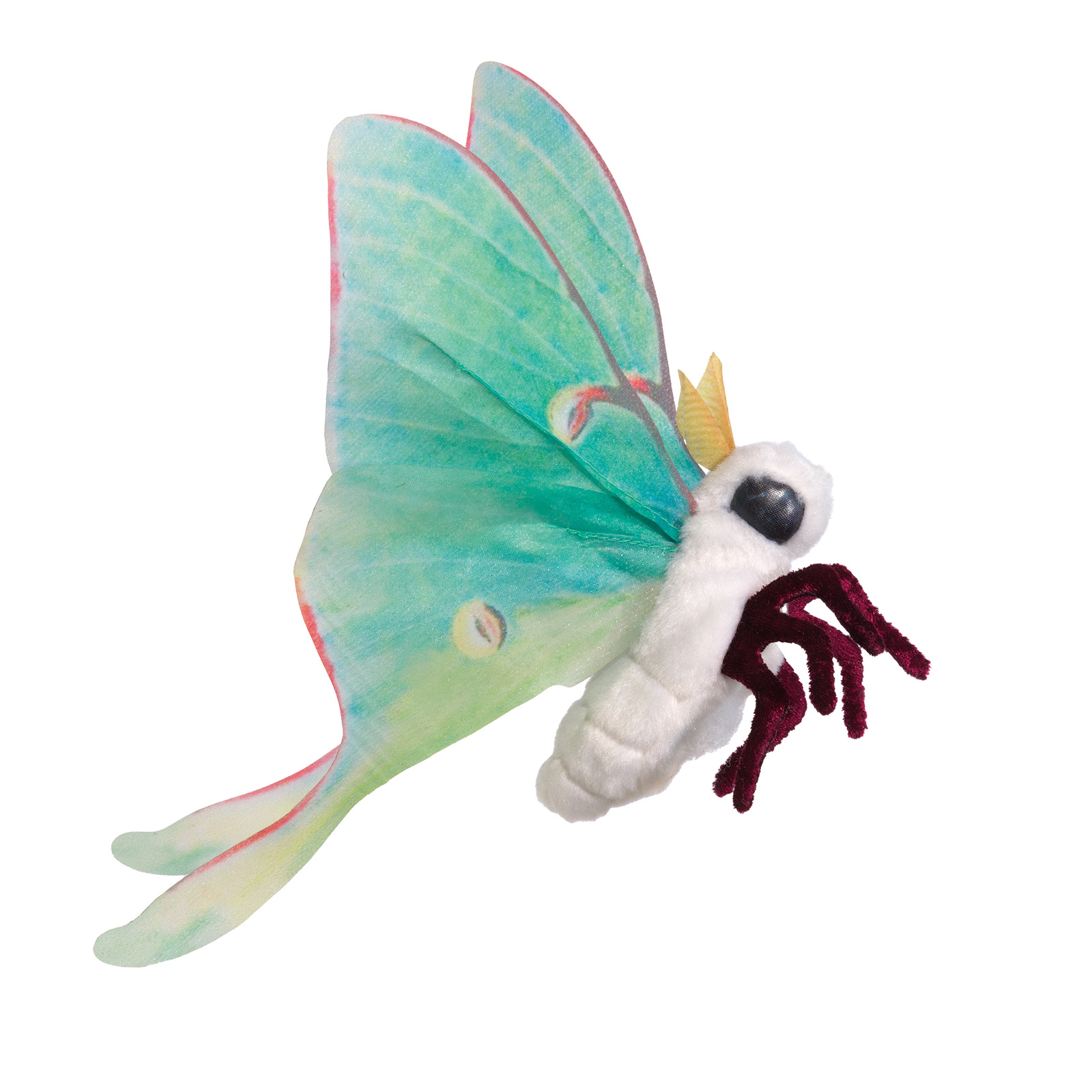 Folkmanis mini luna moth finger puppet with mint-green wings, white body and dark-red legs shown from the side