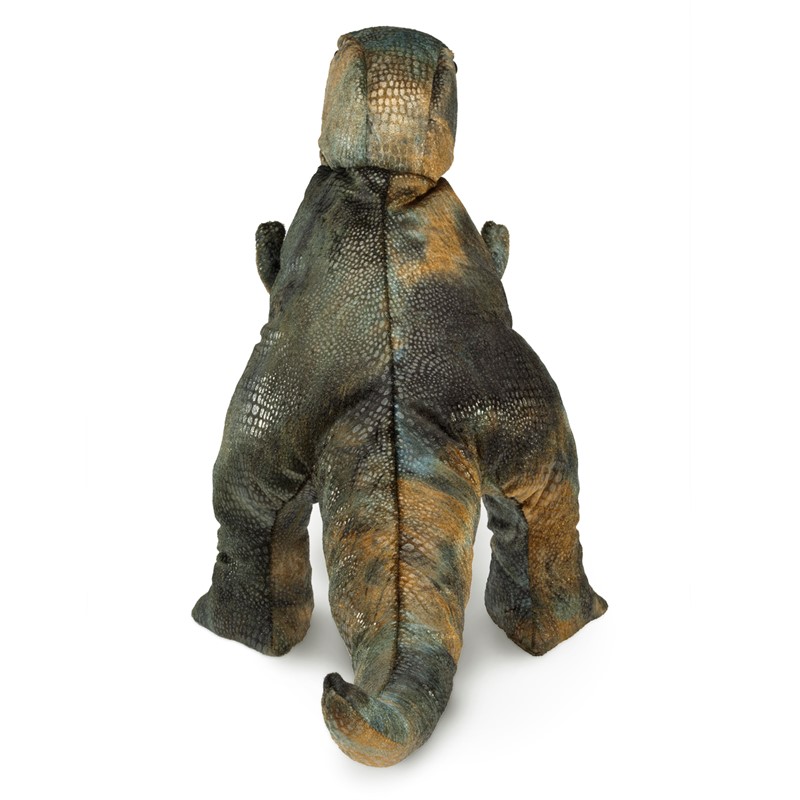 Folkmanis Handpuppe kleiner Tyrannosaurus Rex in Rückansicht mit detailliertem grün-braunem Schuppenmuster
