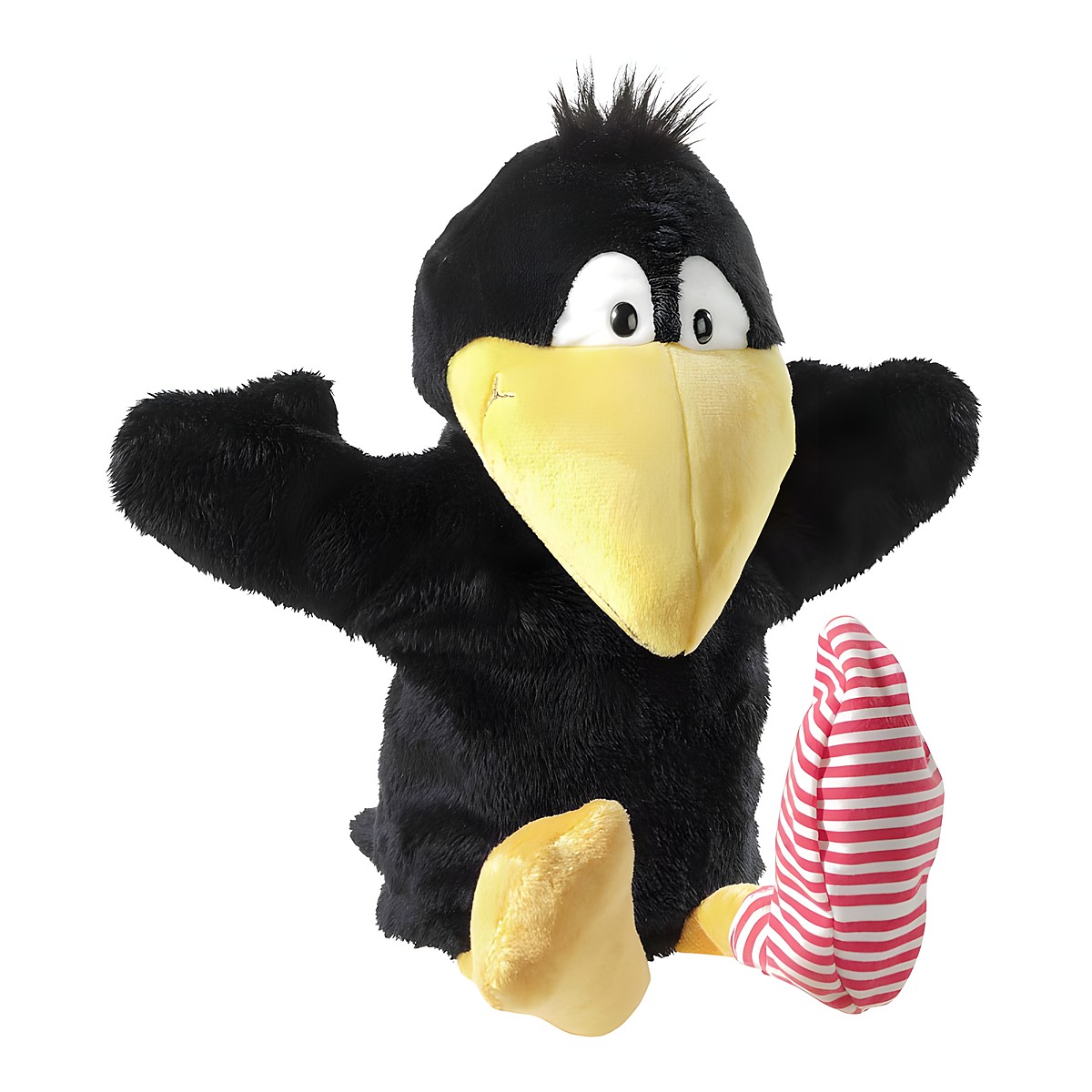 Heunec hand puppet Der kleine Rabe Socke, black plush puppet with yellow beak and red-and-white striped sock leg