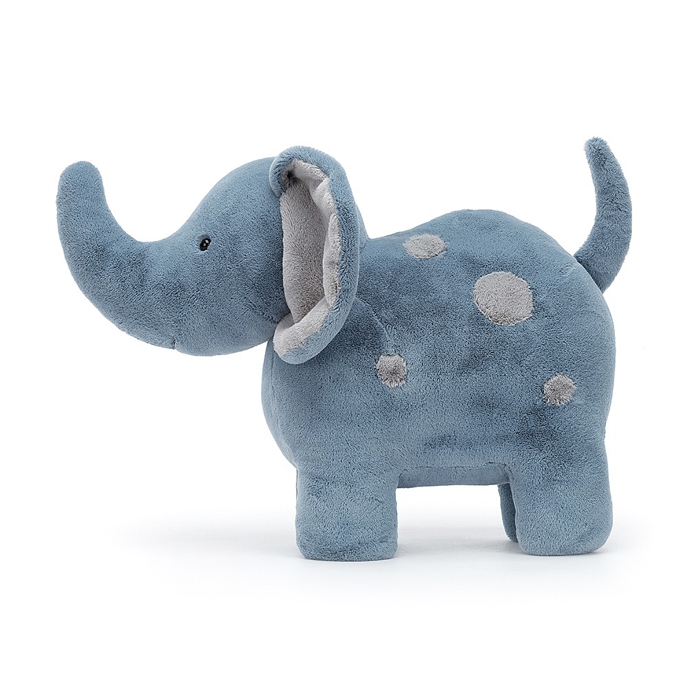 Jellycat Kuscheltier Elefant Spottie Big, blaues Plüschtier mit grauen Flecken, Seitenansicht mit erhobenem Rüssel