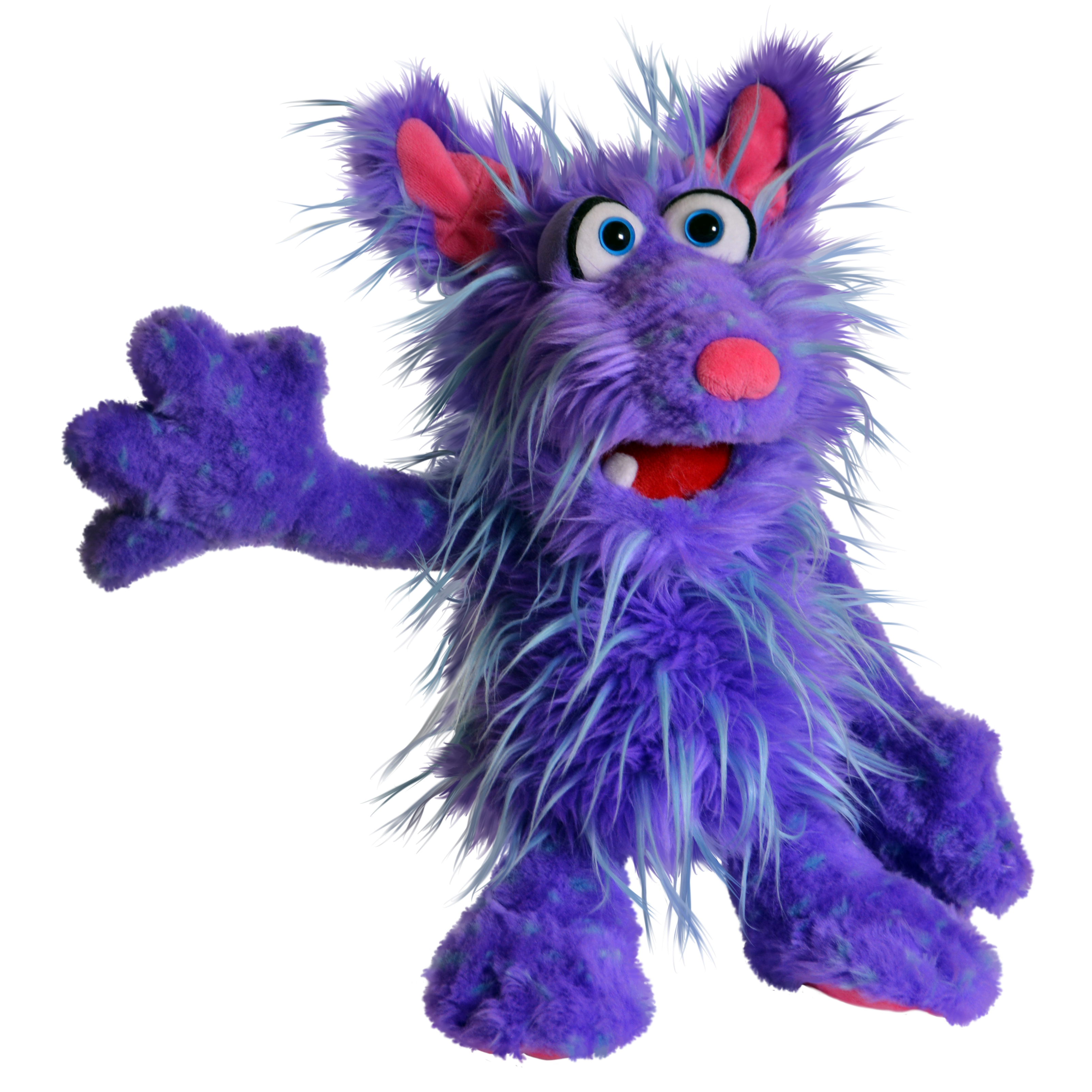 Living Puppets Handpuppe Tofu aus der Serie Monster to go, lila Zottelmonster mit rosa Ohren und Nase, winkend
