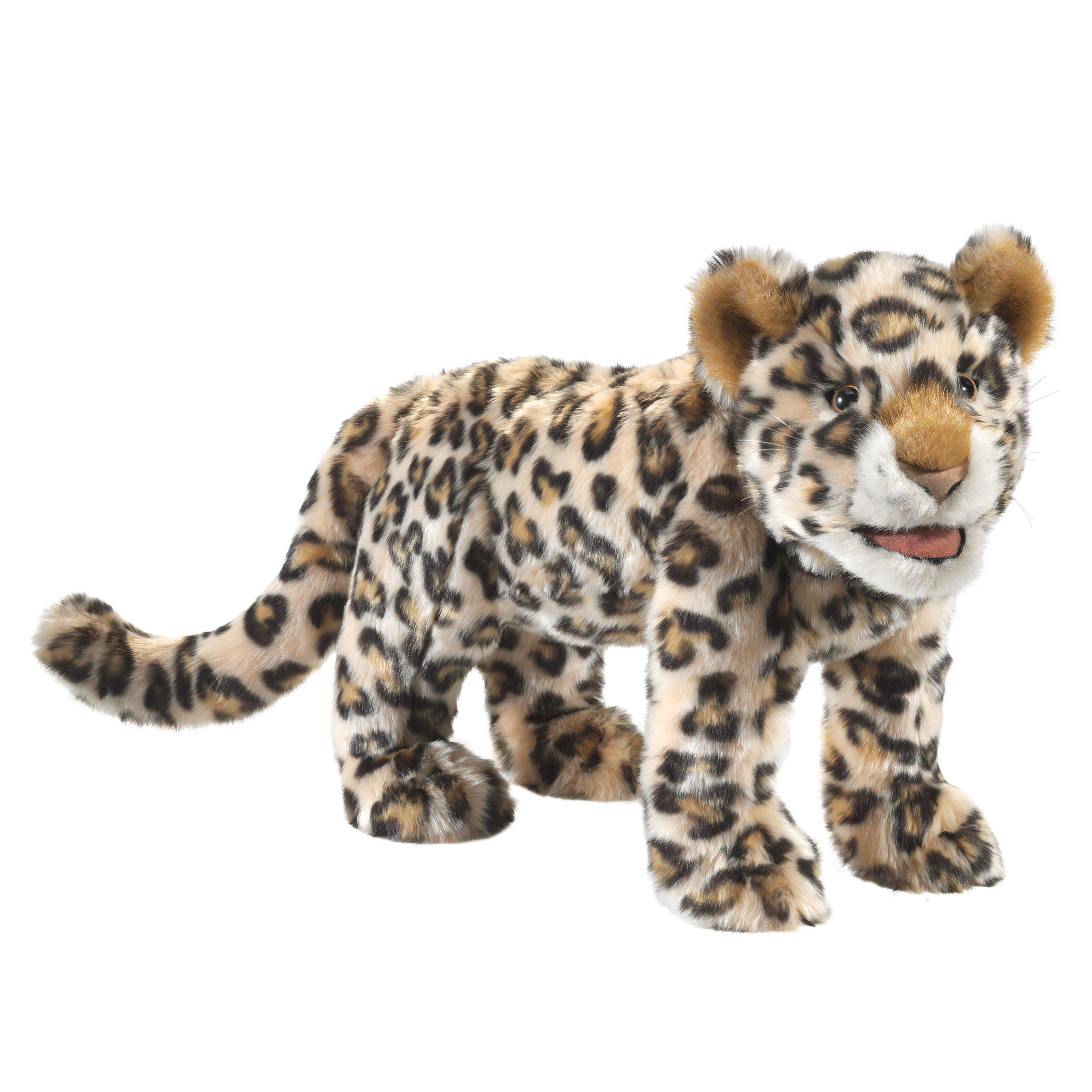 Folkmanis Handpuppe Leoparden-Baby mit detailliertem Fellmuster, geöffnetem Maul und braunen Ohren, stehend in Seitenansicht