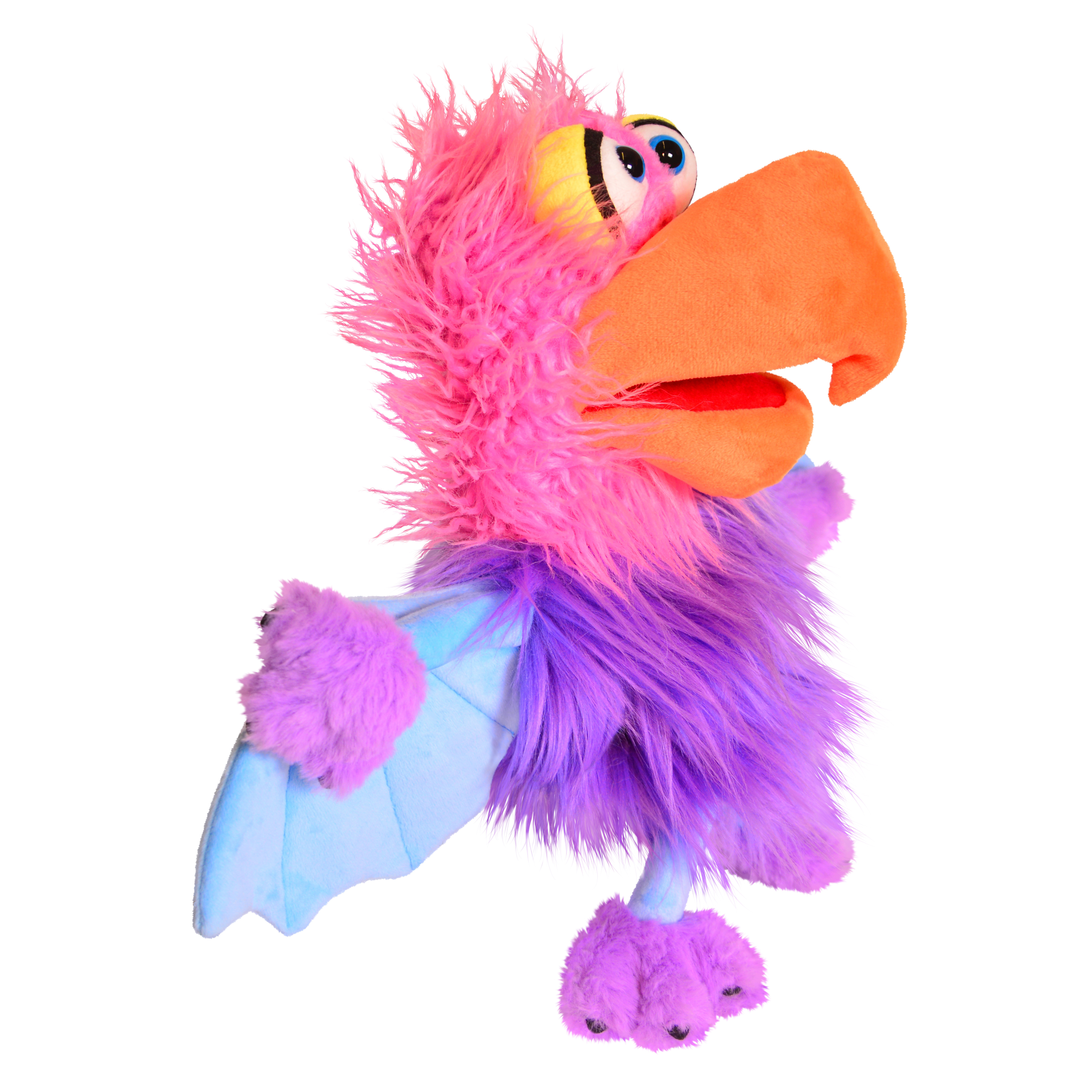 Living Puppets Handpuppe Schnäck, pink-lila Vogel mit großem orangefarbenem Schnabel und hellblauen Flügeln, Seitenansicht