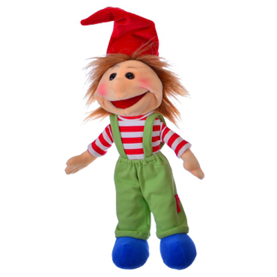 Living Puppets Handpuppe Zipfel Mini mit roter Zipfelmütze, rot-weiß gestreiftem Shirt, grüner Latzhose und blauen Schuhen