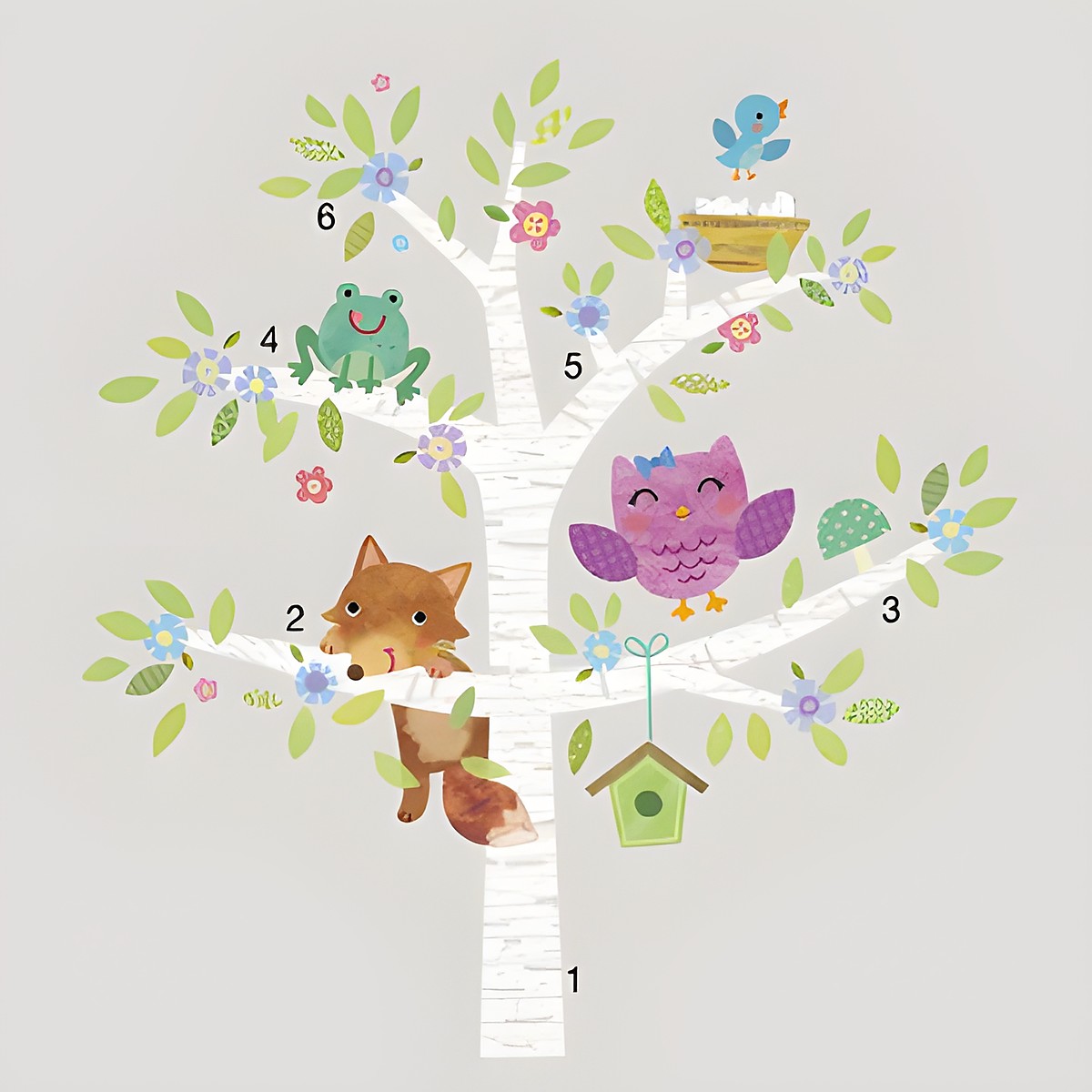 RoomMates wall decal Woodland Baby Animals Tree, birch tree with numbered fox, owl, frog and bird motifs, isolated on a grey background