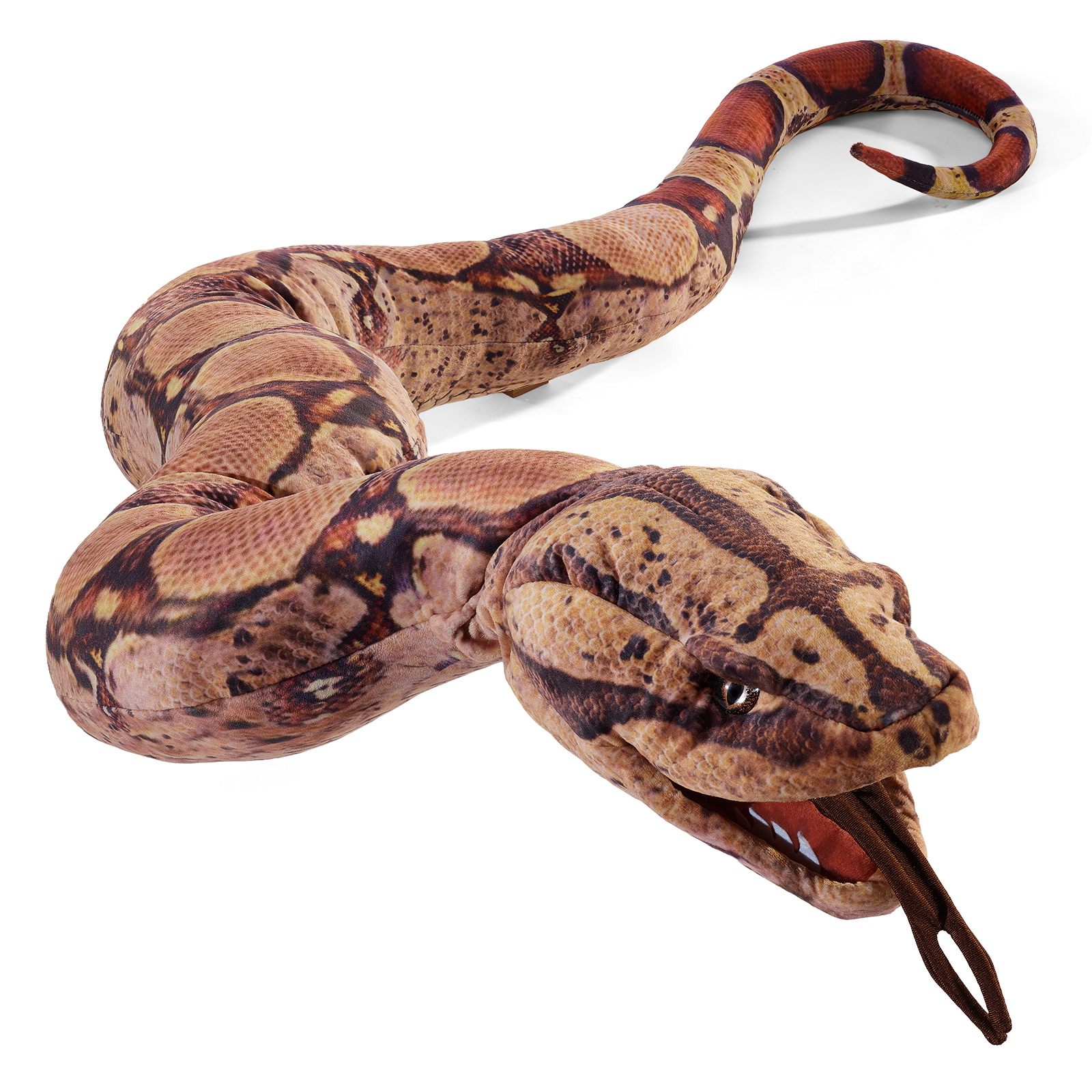 Folkmanis boa constrictor hand puppet, its full length from above, mouth open with a forked tongue and the tail coiled at the top.