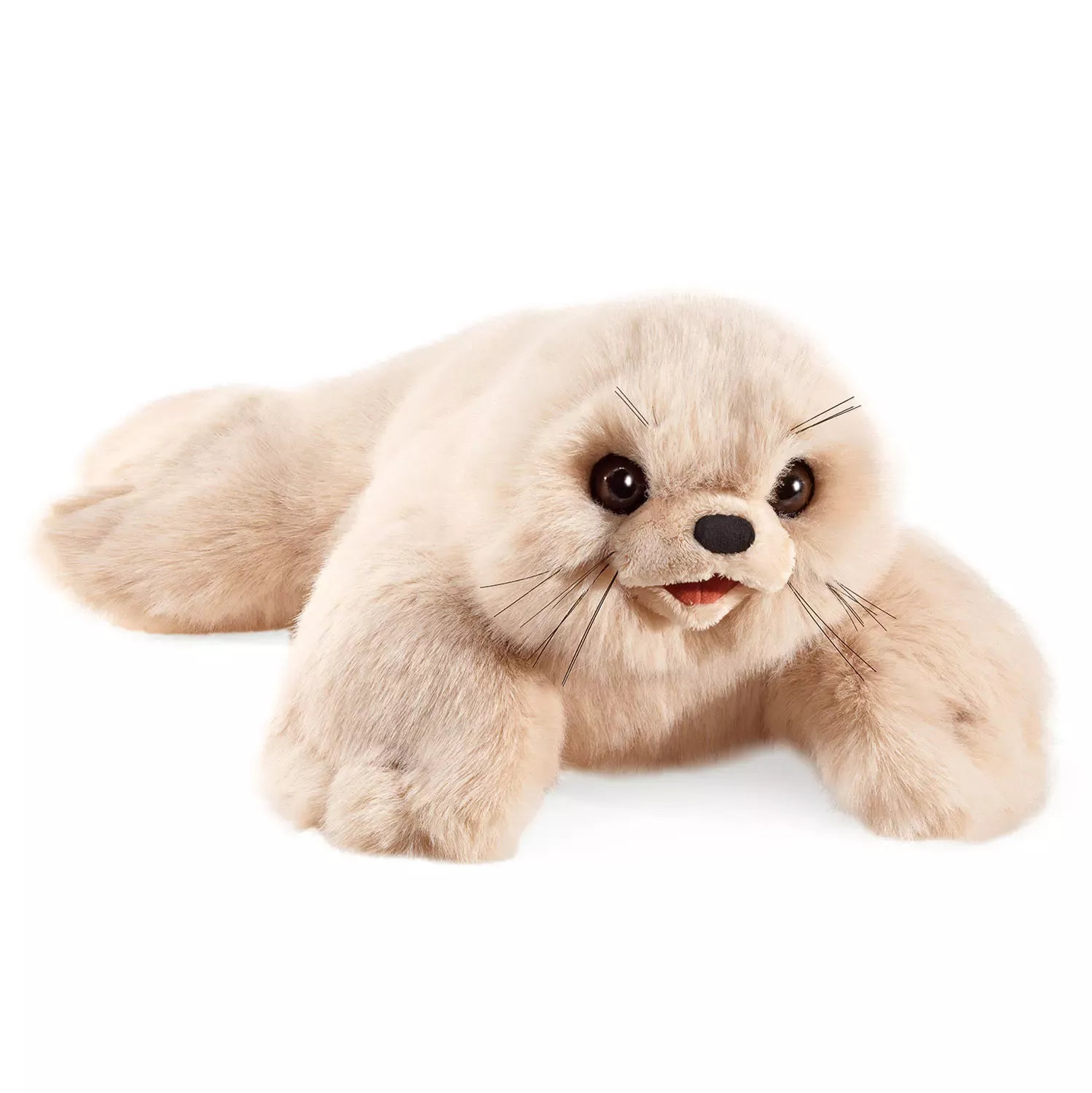 Folkmanis harp seal pup hand puppet in cream plush, lying down, with open mouth and fine whiskers