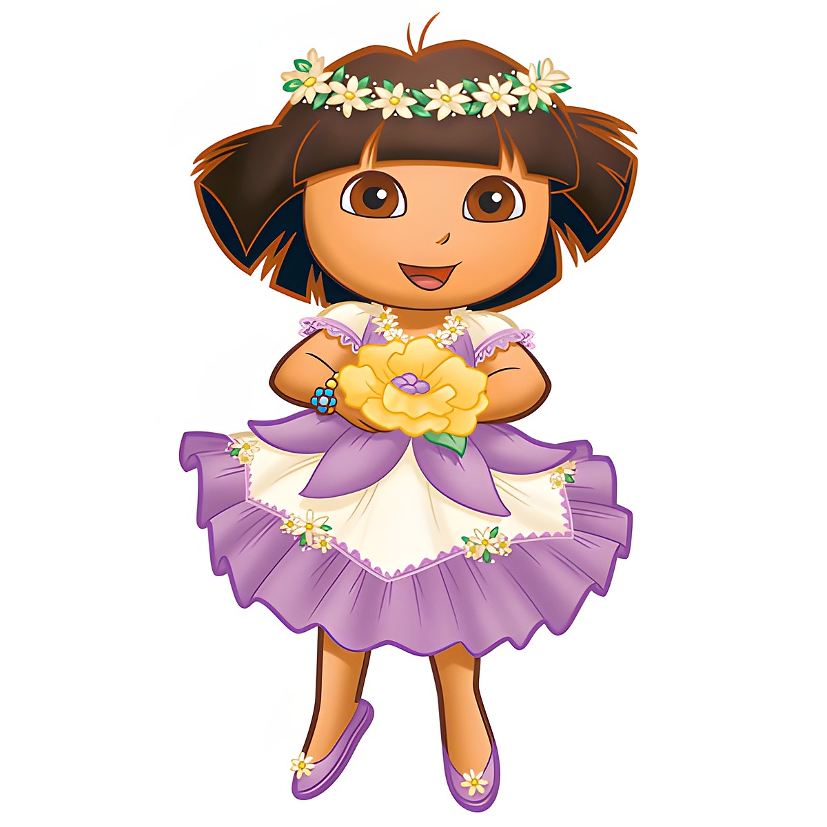 RoomMates wall decal Dora's Enchanted Forest, single motif of the Dora character in a purple floral dress with a flower crown on a white background
