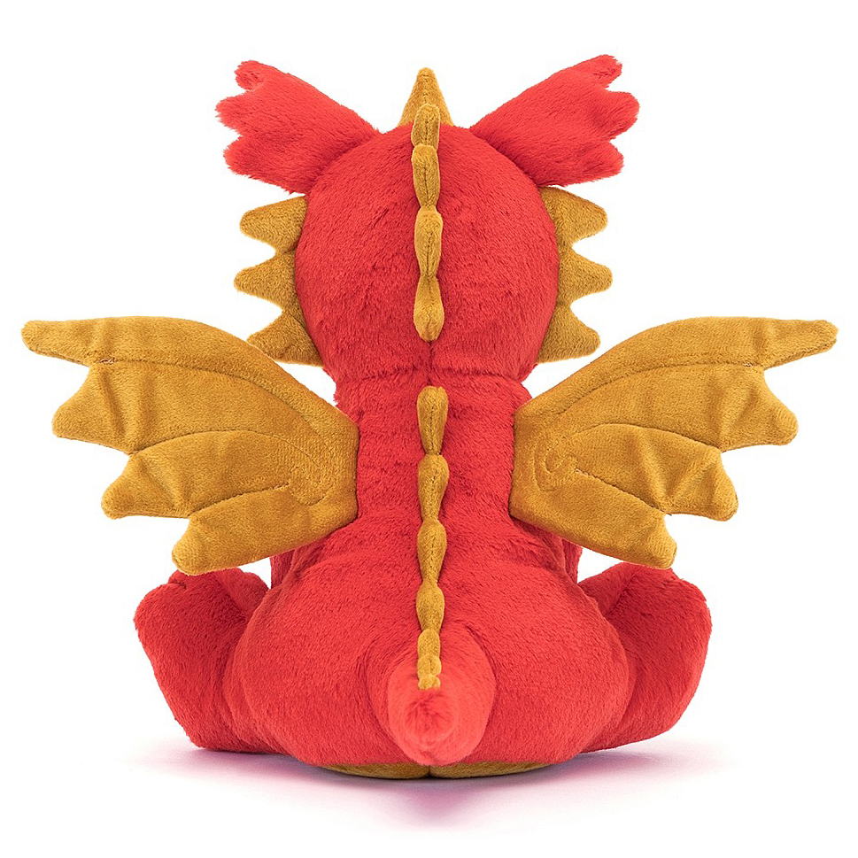 Jellycat Kuscheltier Drache Darvin, rotes Plüschtier mit goldenen Zacken und Flügeln, Rückansicht