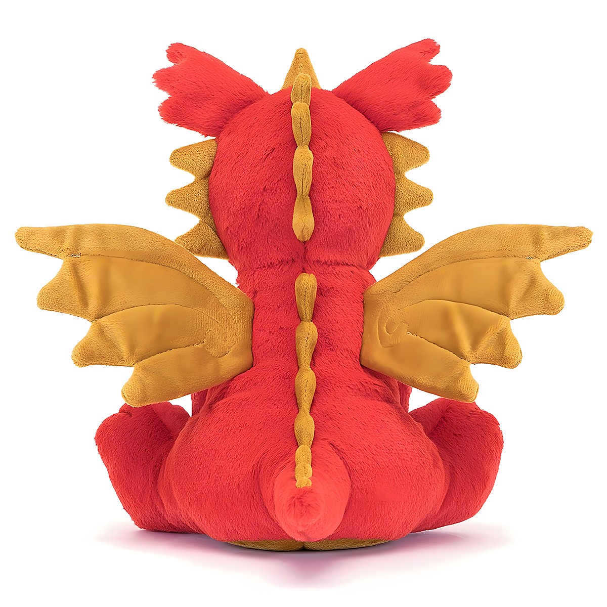 Jellycat plush toy dragon Darvin, red plush toy with golden spikes and wings, back view
