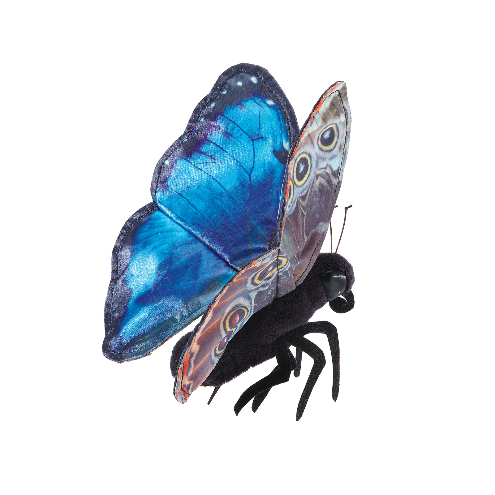 Folkmanis Handpuppe Blauer Morphofalter mit metallisch blau schimmernden Flügeln und detailliert bedruckter Unterseite mit Augenflecken.