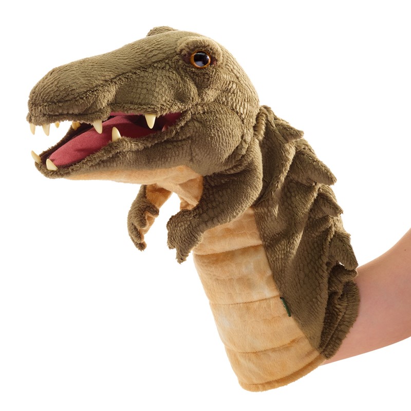Folkmanis Handpuppe Krokodil mit geöffnetem Maul, sichtbaren Zähnen und olivgrüner Plüschstruktur, auf Hand geführt