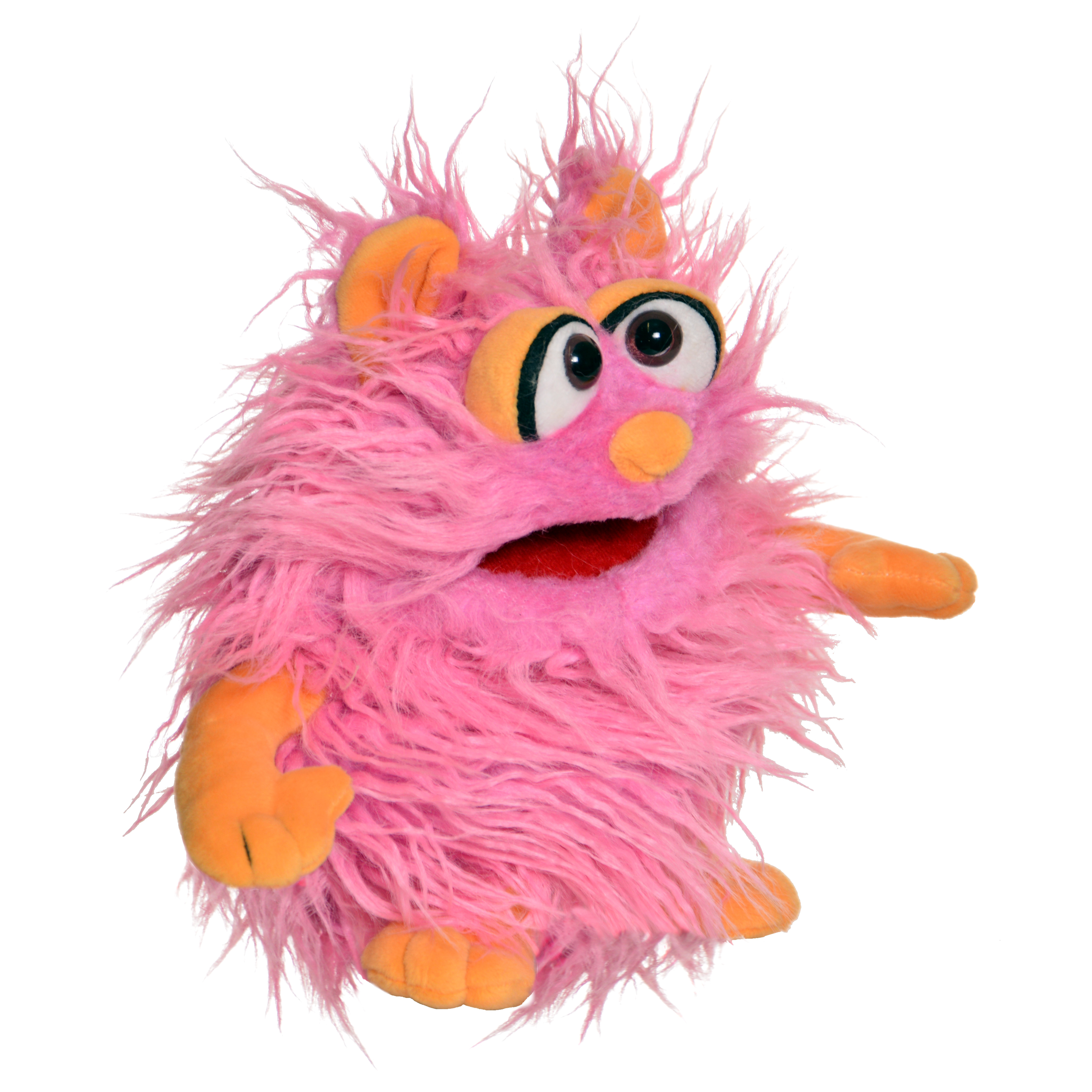Living Puppets Handpuppe Tröte, pinkes Zottelmonster mit orangefarbenen Ohren, seitlich mit ausgestrecktem Arm