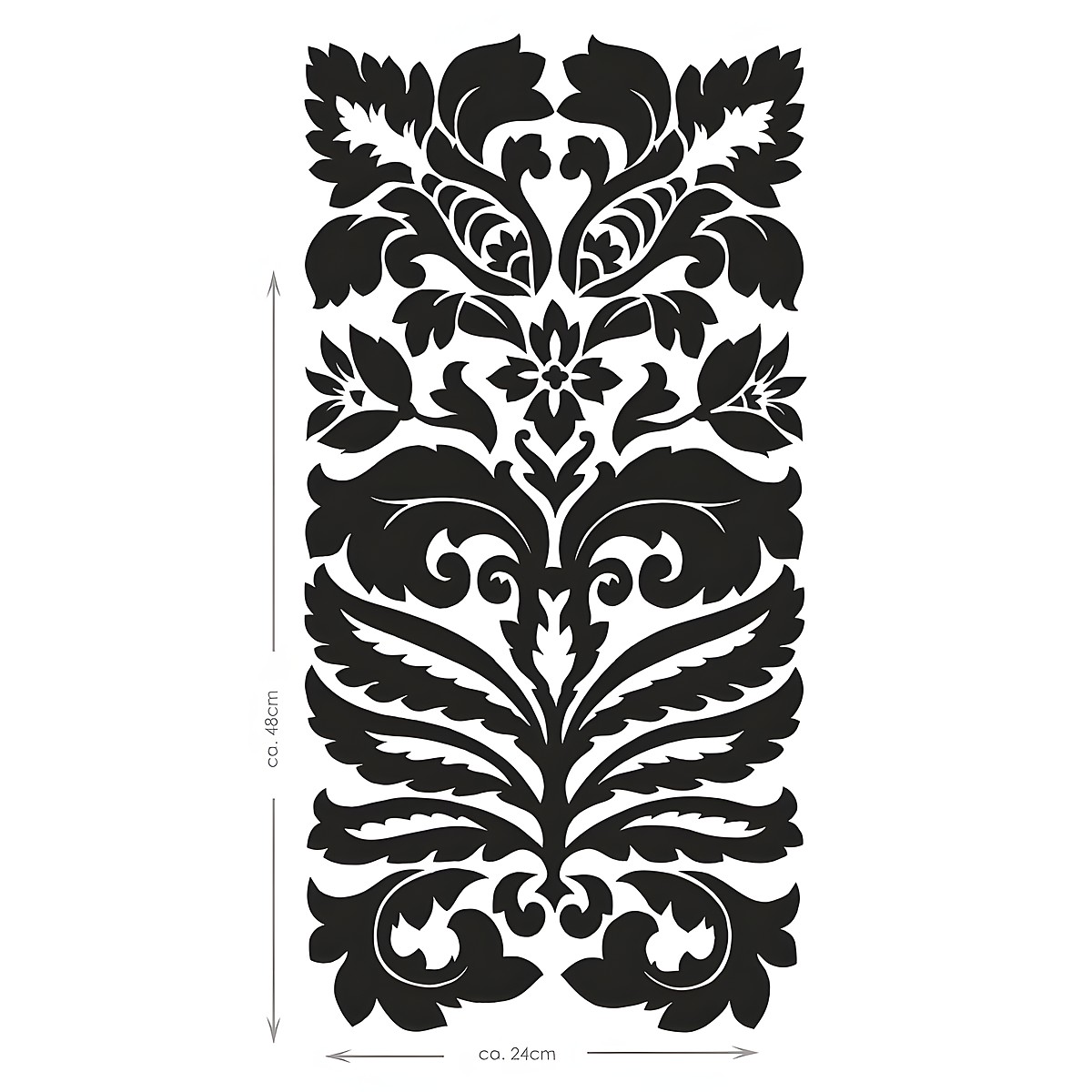 RoomMates wall decal Class A Peel & Stick, single black damask ornament with measurements on a white background