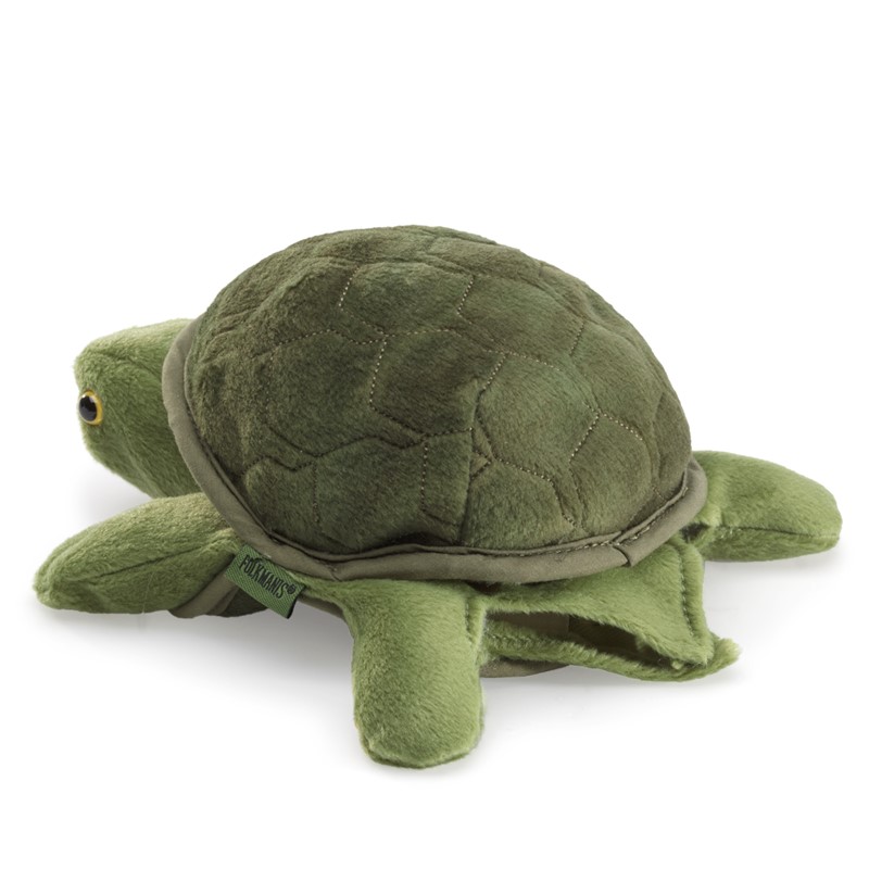 Folkmanis baby turtle hand puppet in olive green with a quilted shell and yellow-black eye, shown at an angle