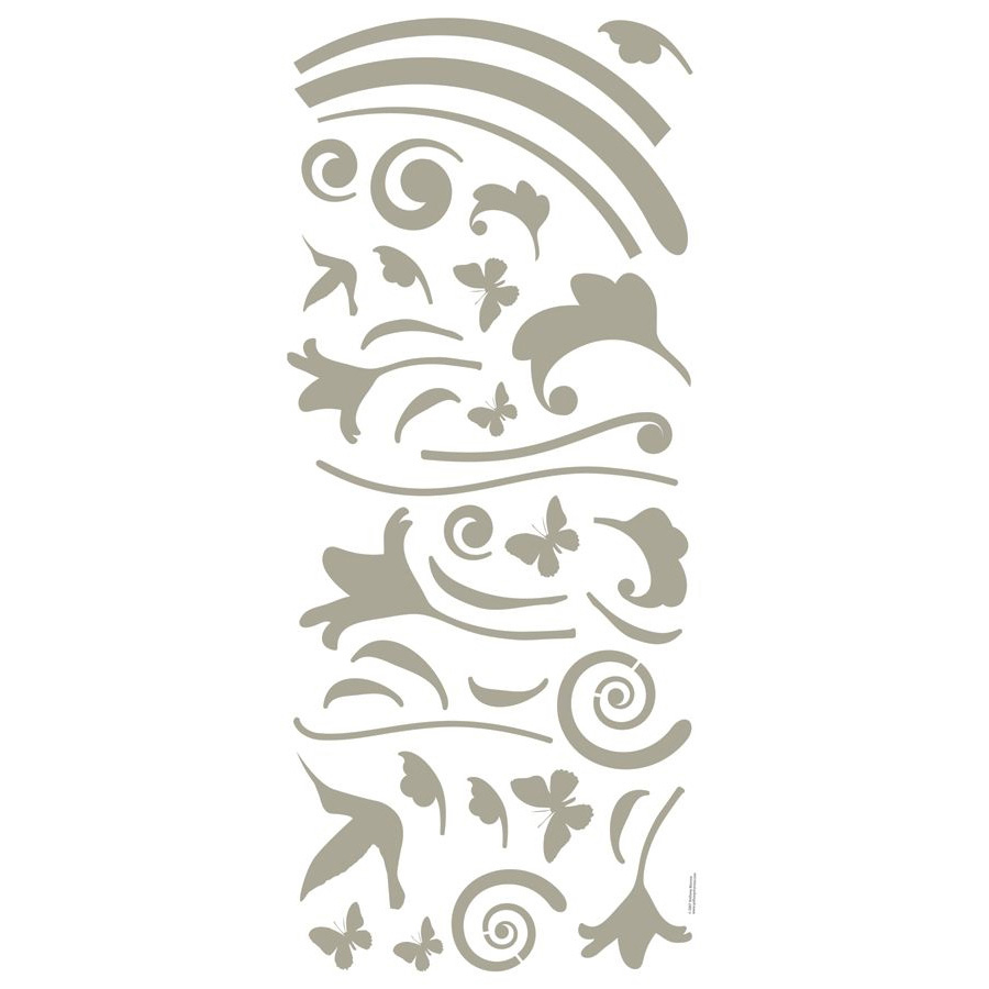RoomMates wall decal Graphic Oval Peel & Stick, silver-coloured oval vine ornament with bird and butterfly motifs on a brown bathroom wall