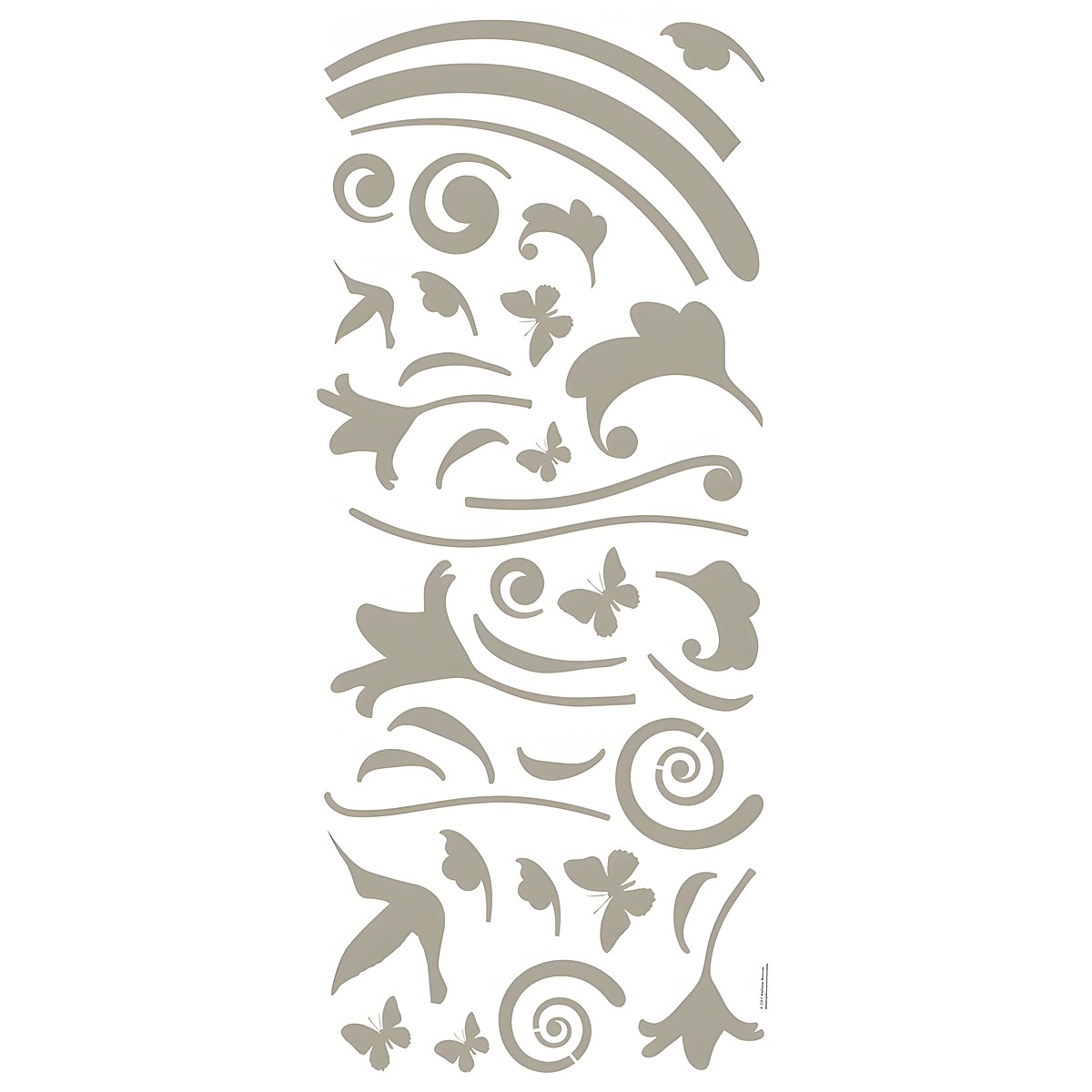 RoomMates Wandbild Graphic Oval Peel & Stick, silberfarbenes ovales Ranken-Ornament mit Vogel- und Schmetterlingsmotiven an einer braunen Badezimmerwand