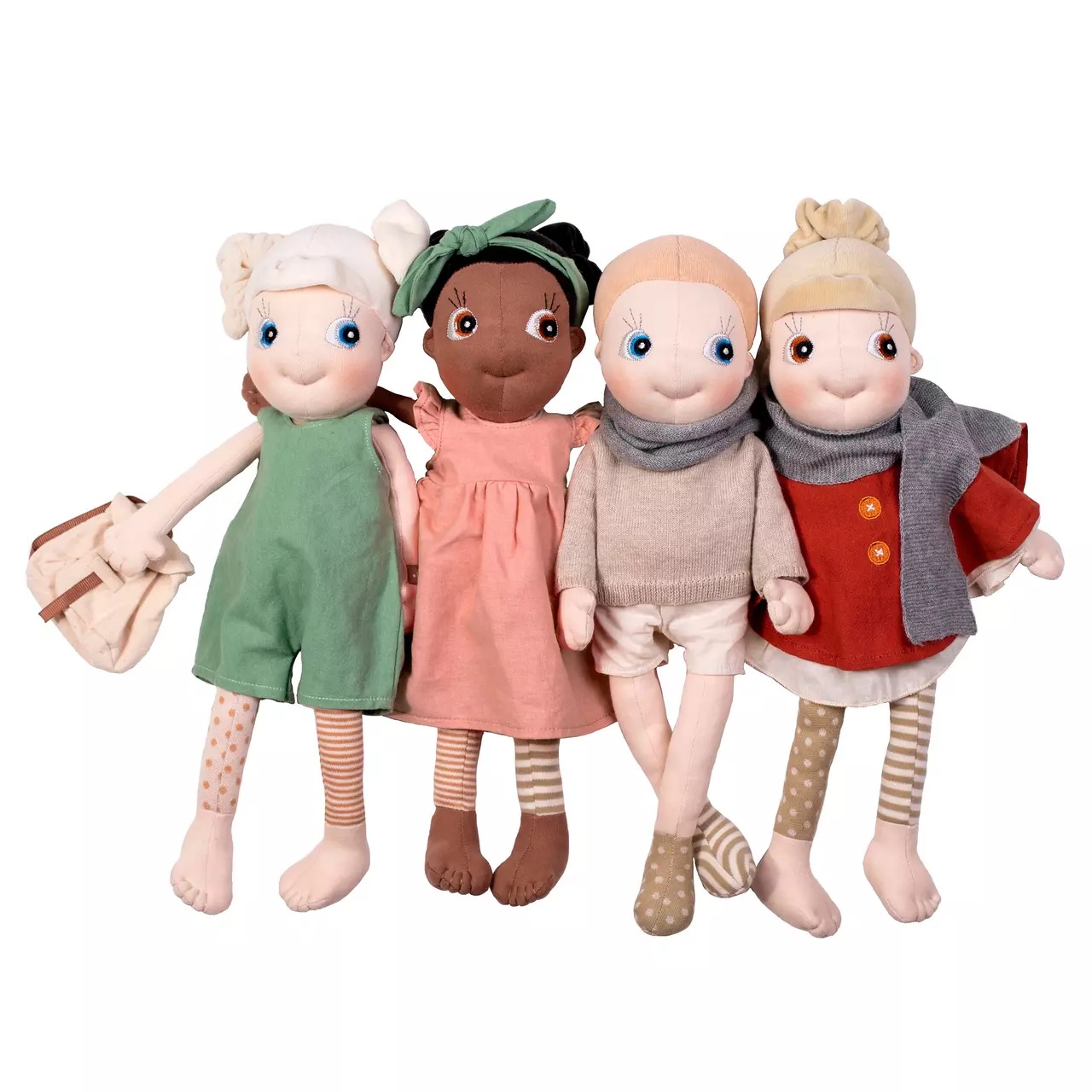 Four Rubens EcoBuds dolls in the studio, one in the beige winter outfit