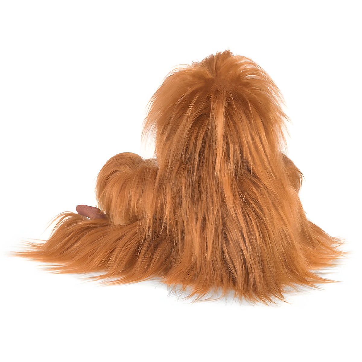 Folkmanis Handpuppe Baby Orang-Utan von hinten, mit dichtem, zotteligen rotbraunen Fell und kleinen rosa Händen.