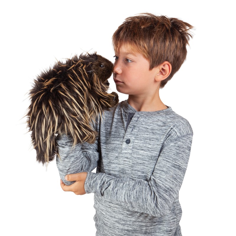 Boy holding a Folkmanis porcupine hand puppet with dark brown shaggy fur and light-coloured quills close to his face