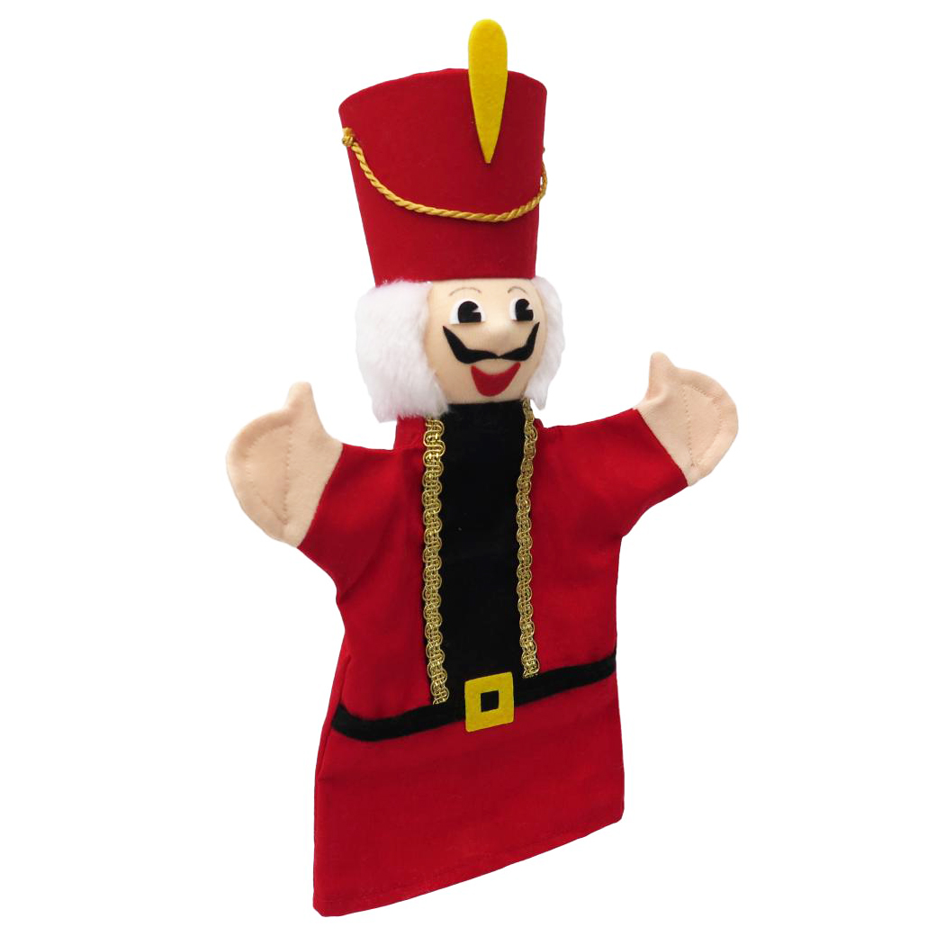 Kasperlepuppe Nussknacker von munabo in roter Uniform mit hoher Mütze, weißem Haar und Schnurrbart