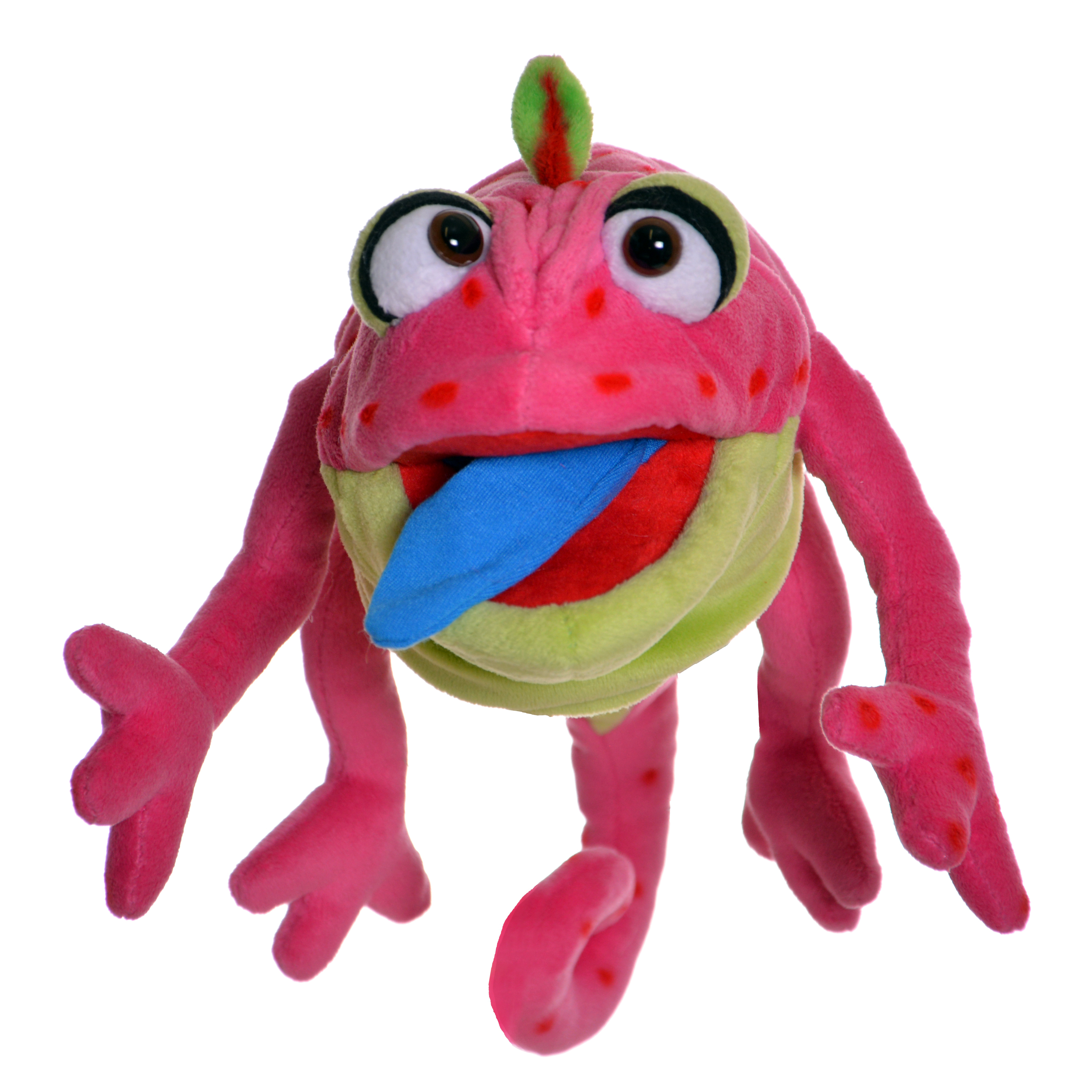 Living Puppets Handpuppe Wilhelminchen das Chamäleon, pink mit roten Punkten und herausgestreckter blauer Zunge, Frontansicht
