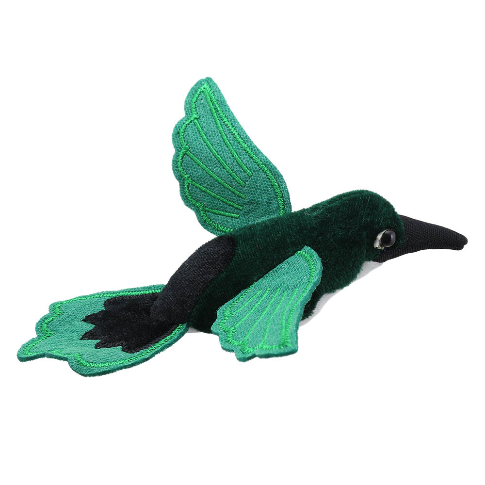 The Puppet Company Fingerpuppe Kolibri, grüner Kolibri mit schwarzem Kopf und ausgebreiteten Flügeln