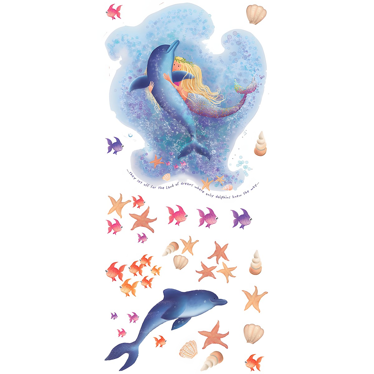 RoomMates wall decal Mermaid, decal sheet with mermaid and dolphin motif, fish, starfish and shells on a white background