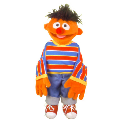 Living Puppets hand puppet Little Ernie from Sesame Street with an orange head, red and blue striped shirt and denim shorts