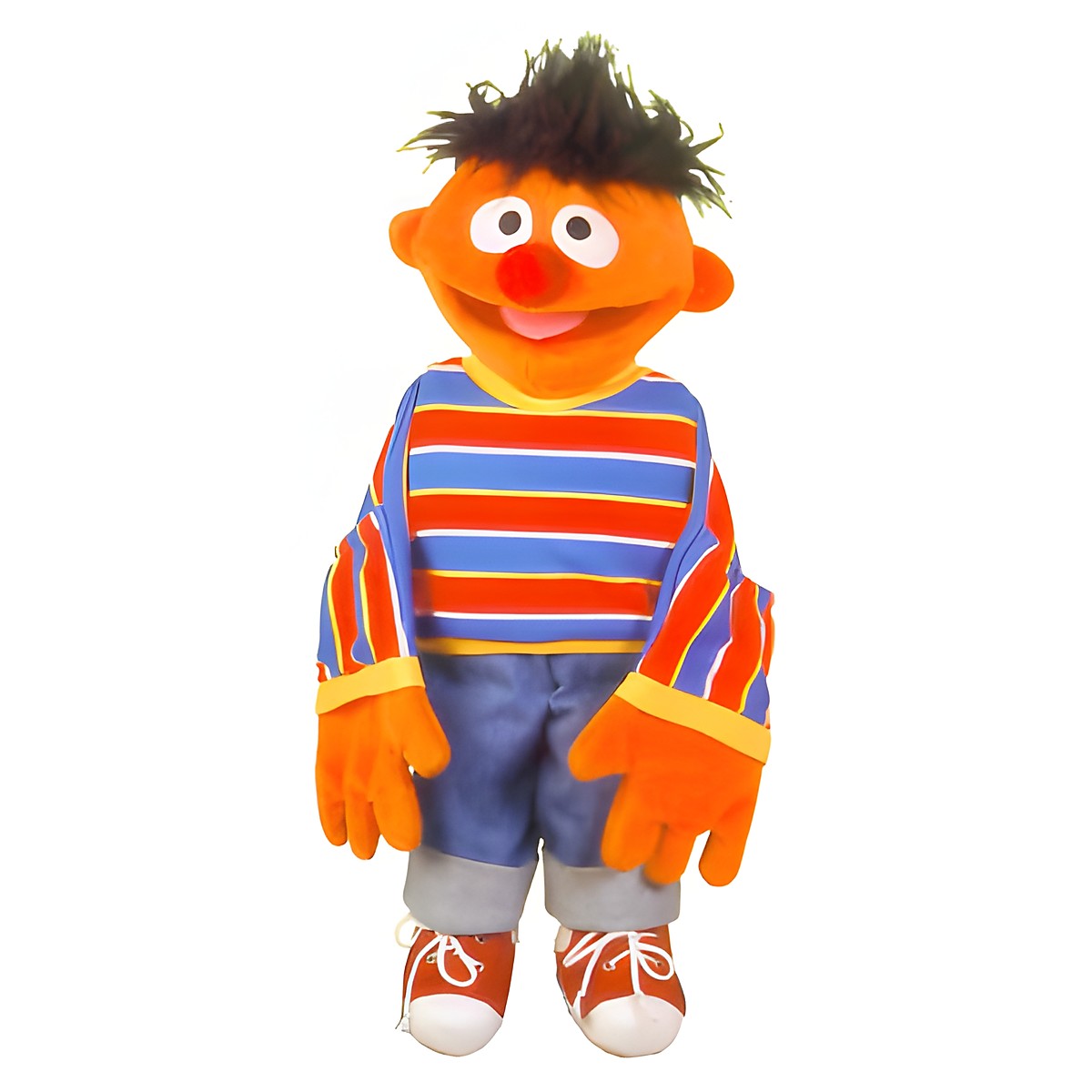 Living Puppets Handpuppe Kleiner Ernie aus der Sesamstraße mit orangefarbenem Kopf, rot-blau gestreiftem Shirt und Jeans-Shorts