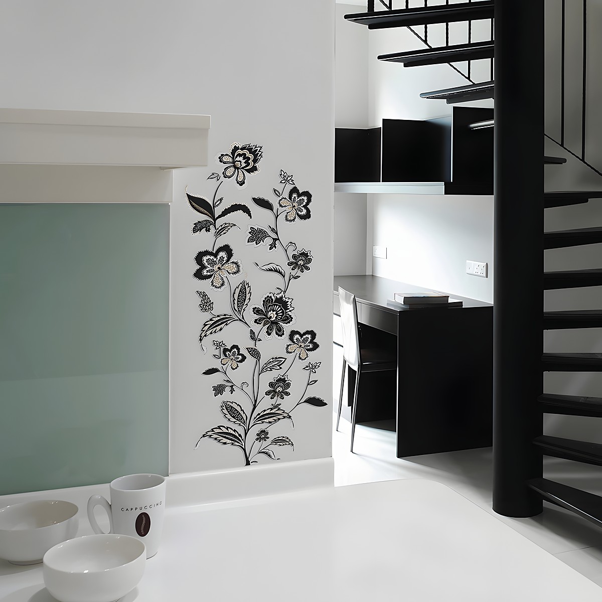RoomMates wall decal Jazzy Jacobean Peel & Stick, black and gold floral vine motif in Jacobean style on a white wall next to a fireplace
