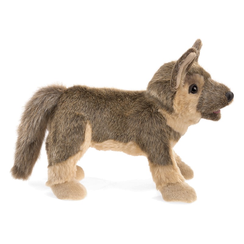 Folkmanis German Shepherd puppy hand puppet in grey-brown, standing in side view, with light beige belly and glossy eyes