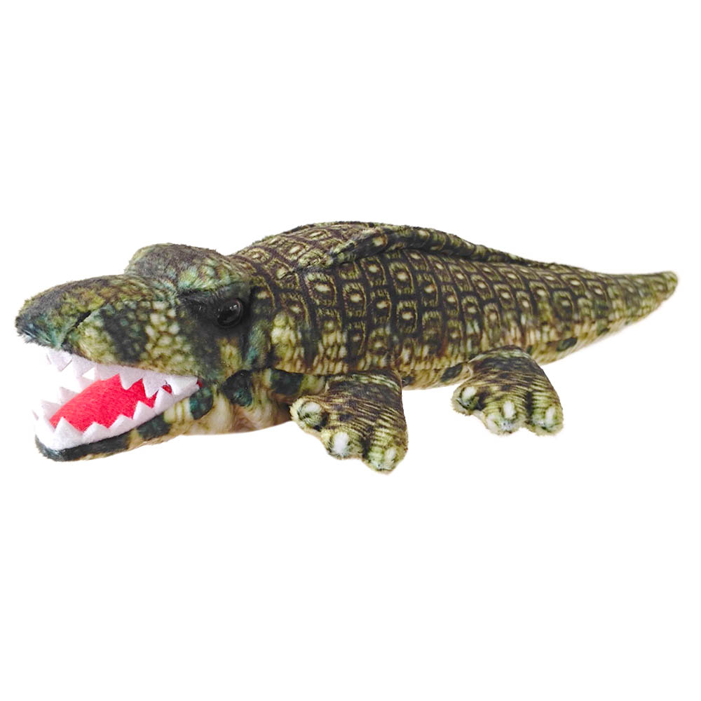 The Puppet Company Little Creatures finger puppet alligator, dark green patterned finger puppet with an open mouth and white teeth