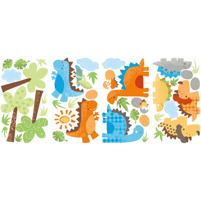 RoomMates wall decal Babysaurus, four decal sheets with colourful dinosaur motifs, palm trees and eggs on a white background